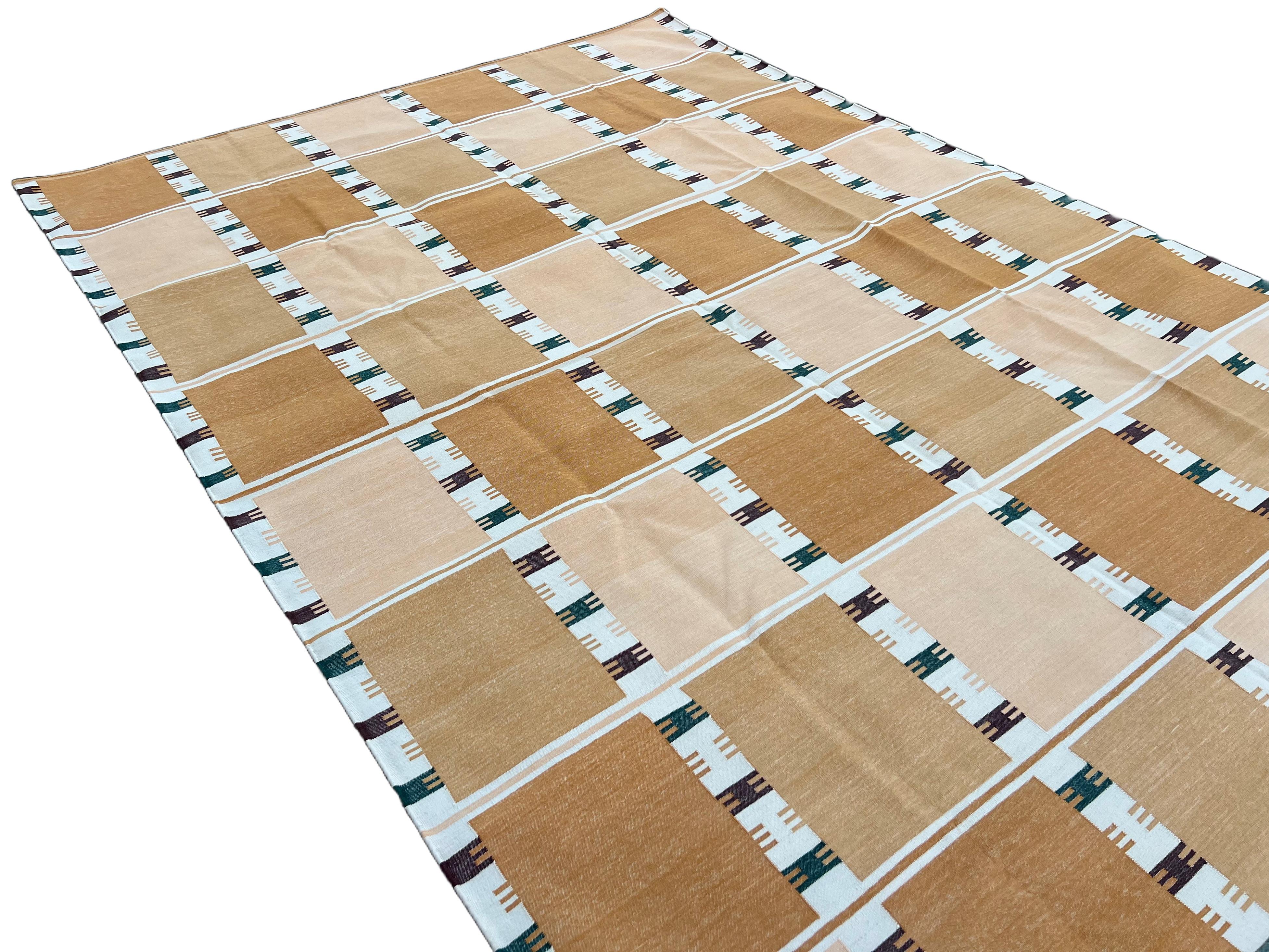 Contemporary Handmade Cotton Area Flat Weave Rug, 8x10 Yellow, Cream Geometric Indian Dhurrie For Sale