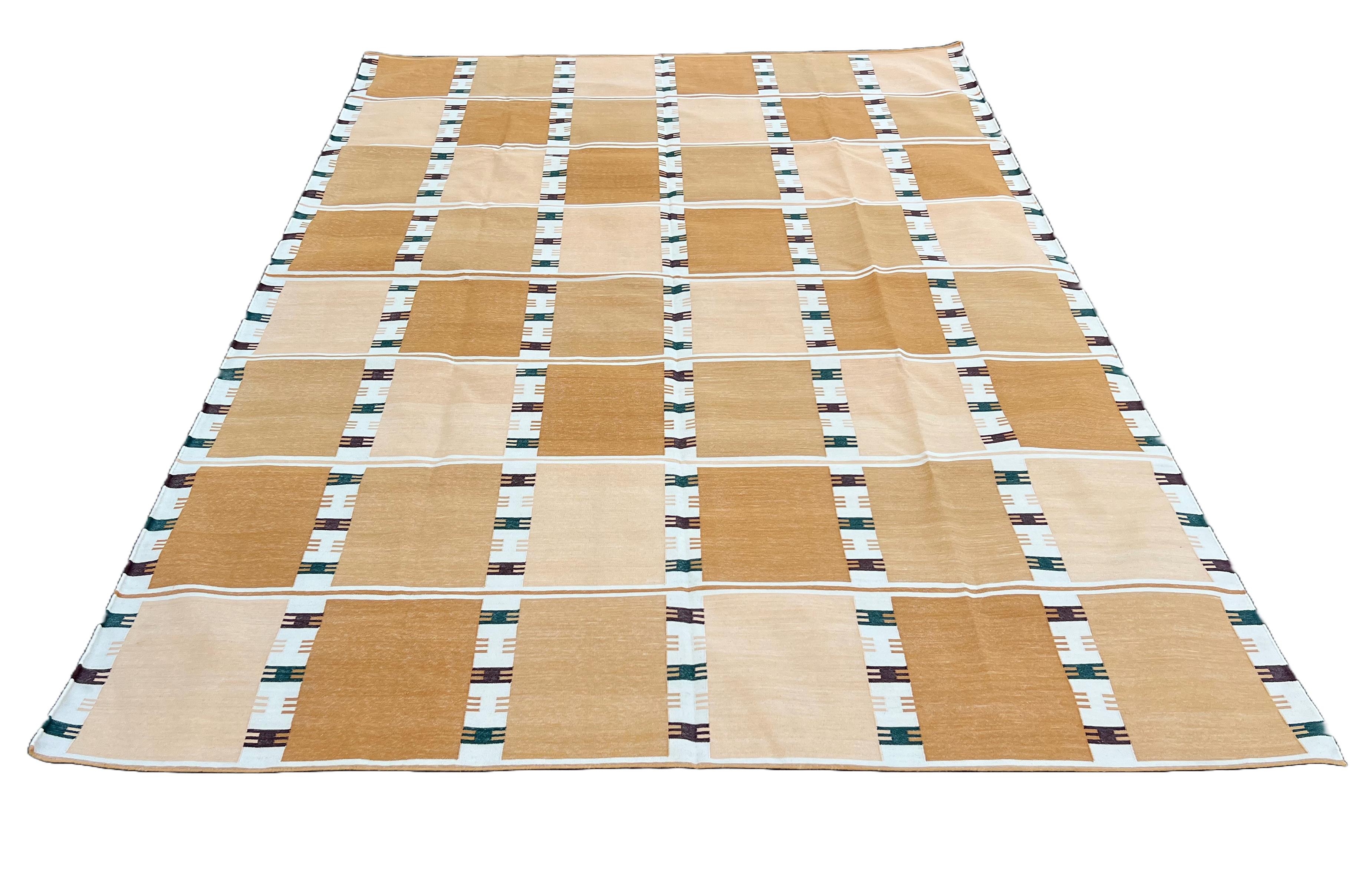 Handmade Cotton Area Flat Weave Rug, 8x10 Yellow, Cream Geometric Indian Dhurrie For Sale 1