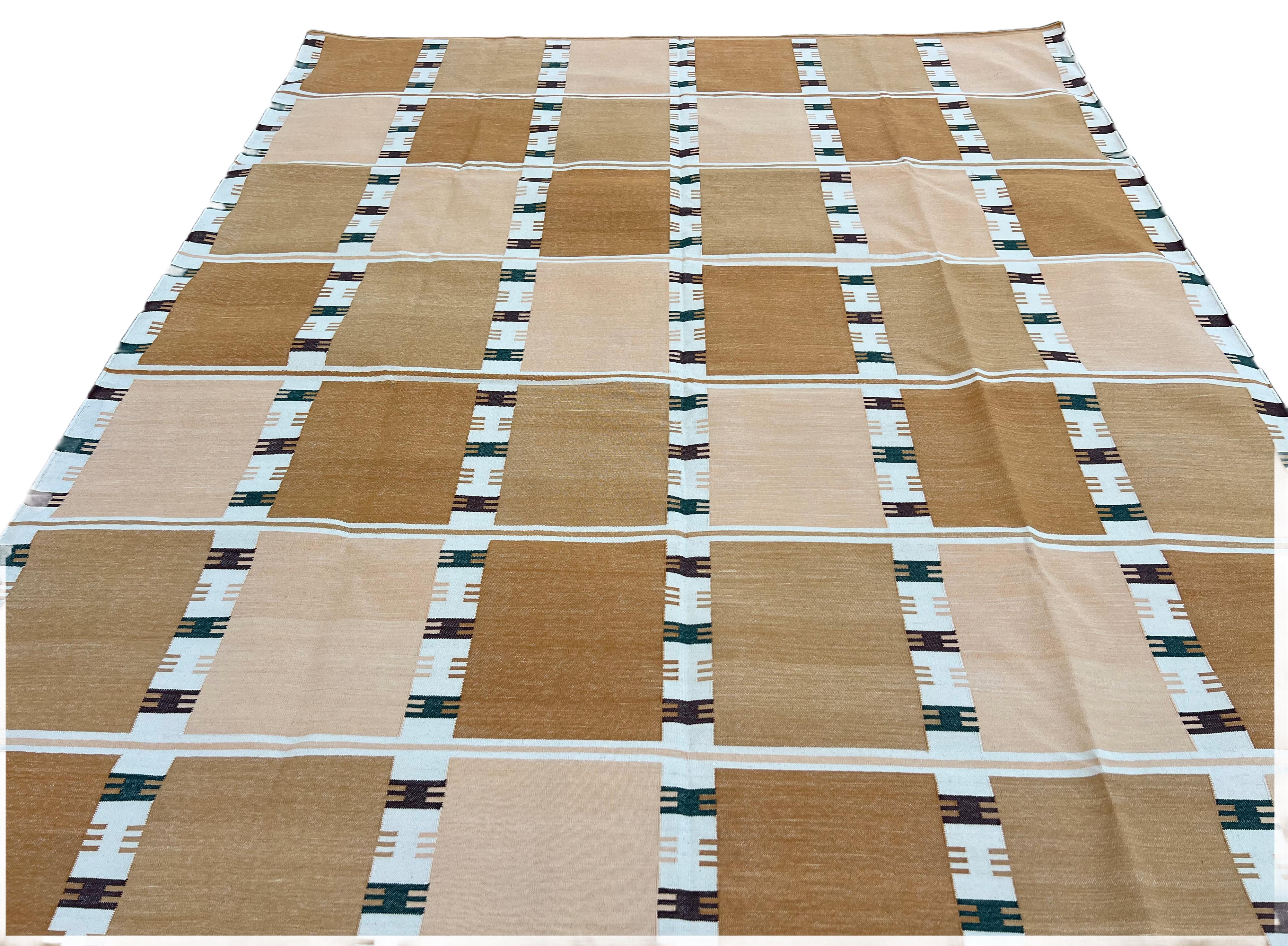 Handmade Cotton Area Flat Weave Rug, 8x10 Yellow, Cream Geometric Indian Dhurrie For Sale 2