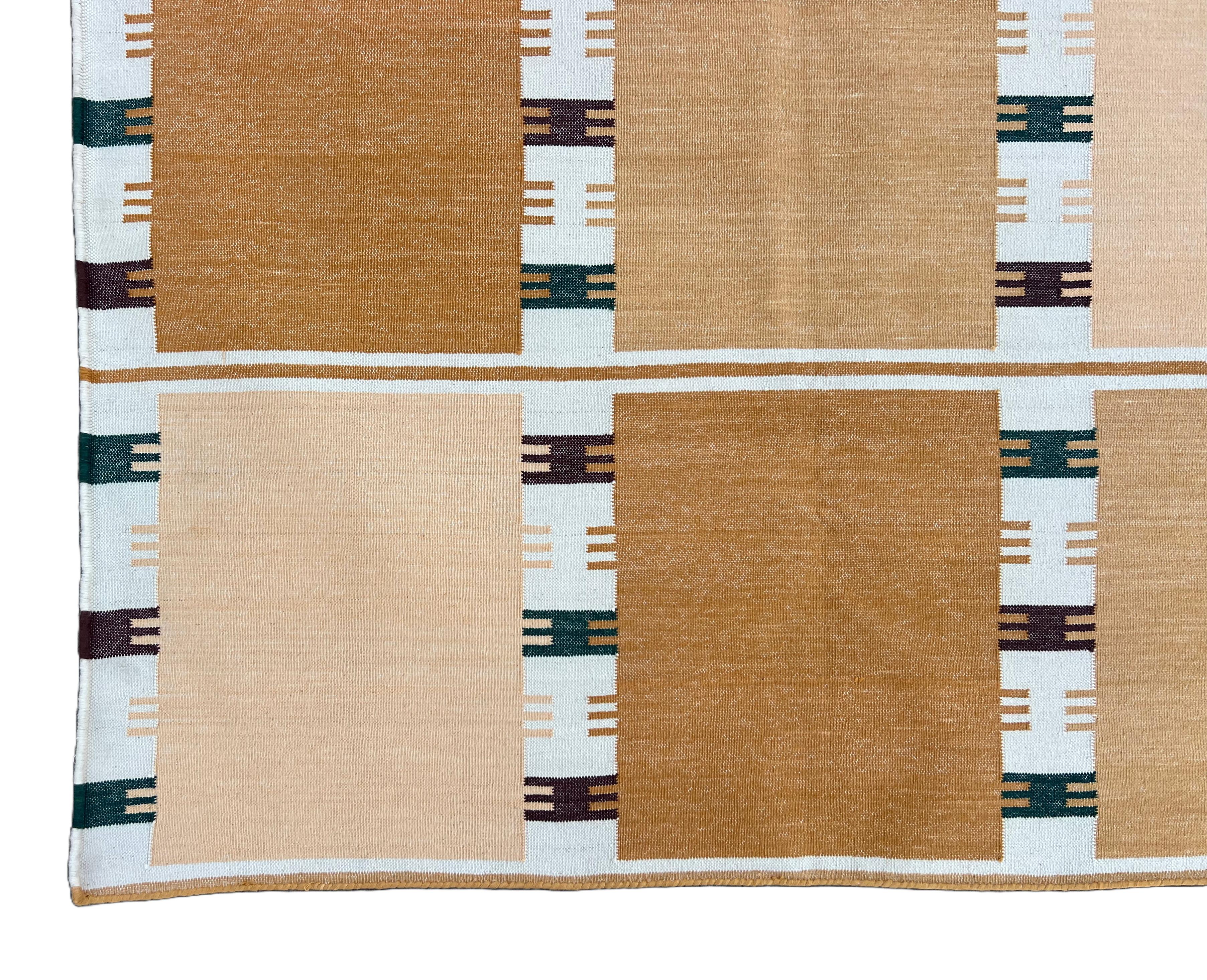 Handmade Cotton Area Flat Weave Rug, 8x10 Yellow, Cream Geometric Indian Dhurrie For Sale 3
