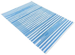 Handmade Cotton Area Flat Weave Rug, 8x8 Blue And White Striped Indian Dhurrie
