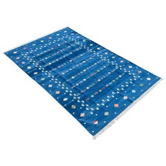 Handmade Cotton Area Flat Weave Rug, 8x8 Denim Blue Indian Shooting Star Dhurrie
