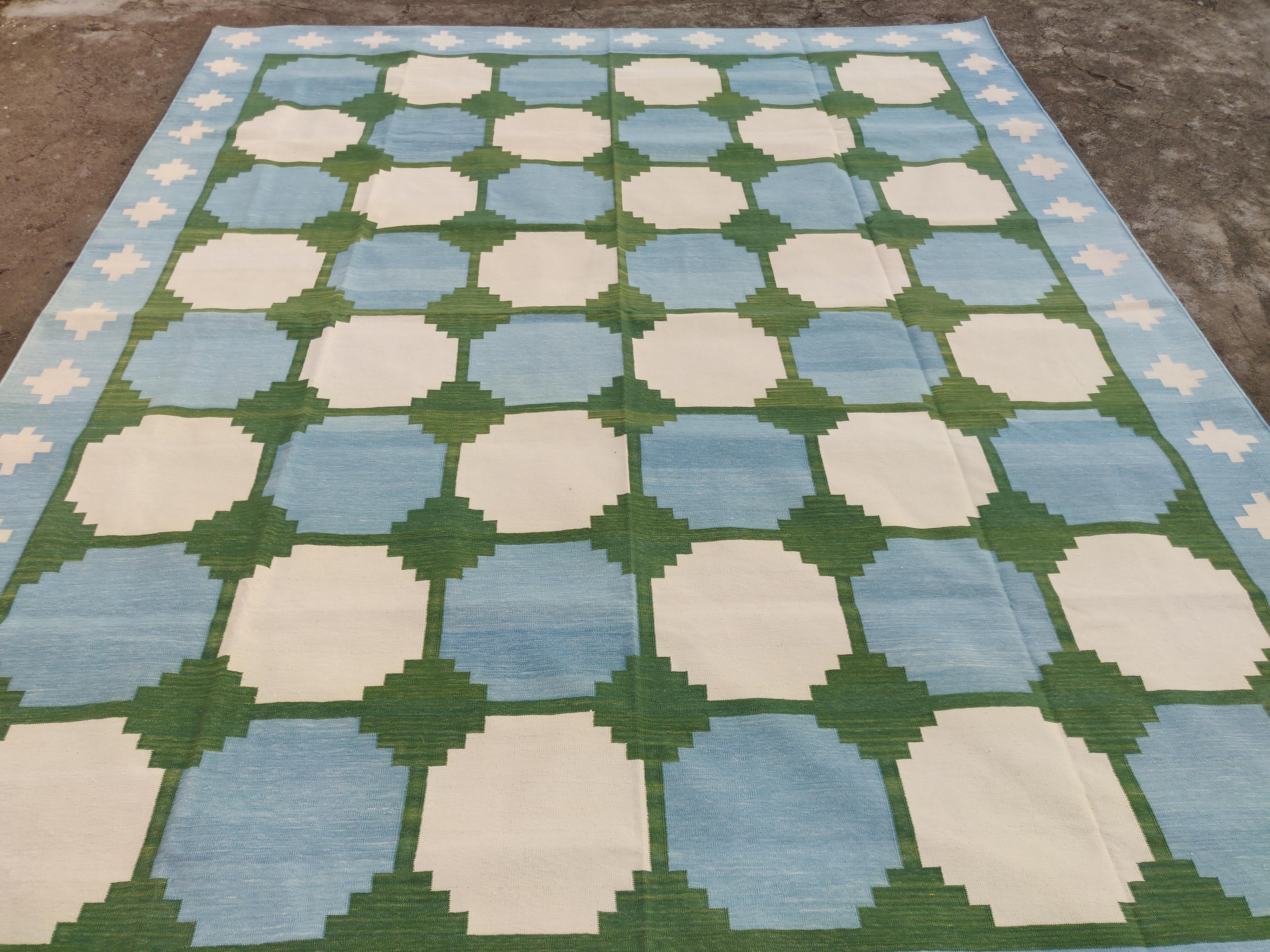 Handmade Cotton Area Flat Weave Rug, 8x8 Sky Blue And Green Tile Indian Dhurrie For Sale 5