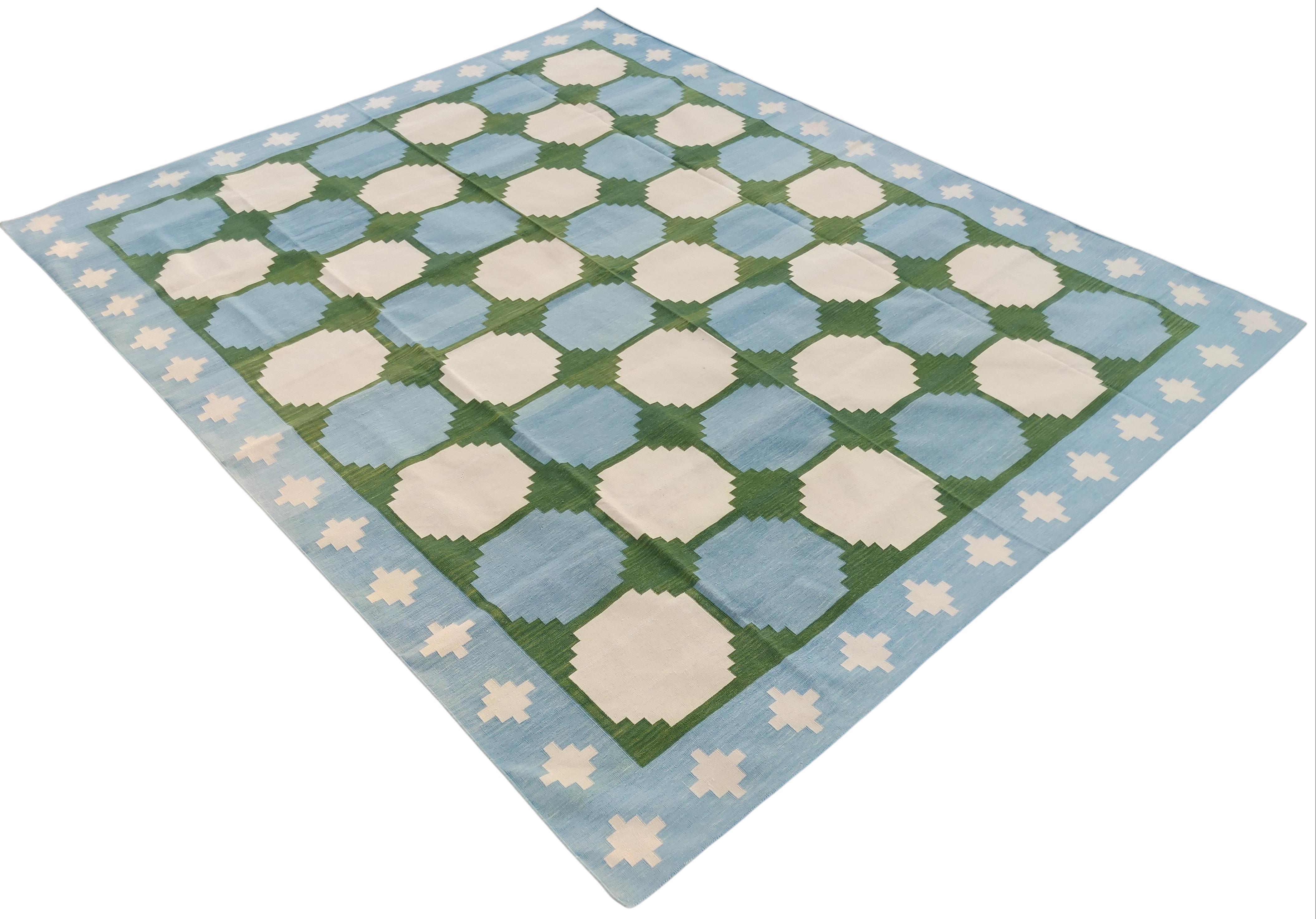 Cotton Natural Vegetable Dyed Forest Green , Sky Blue And Cream Tile Patterned Swedish Rug-8'x8'

These special flat-weave dhurries are hand-woven with 15 ply 100% cotton yarn. Due to the special manufacturing techniques used to create our rugs, the