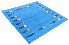Tappeto a tessitura piatta in cotone fatto a mano, 8x8 Sky Blue Leaf Patterned Indian Dhurrie
