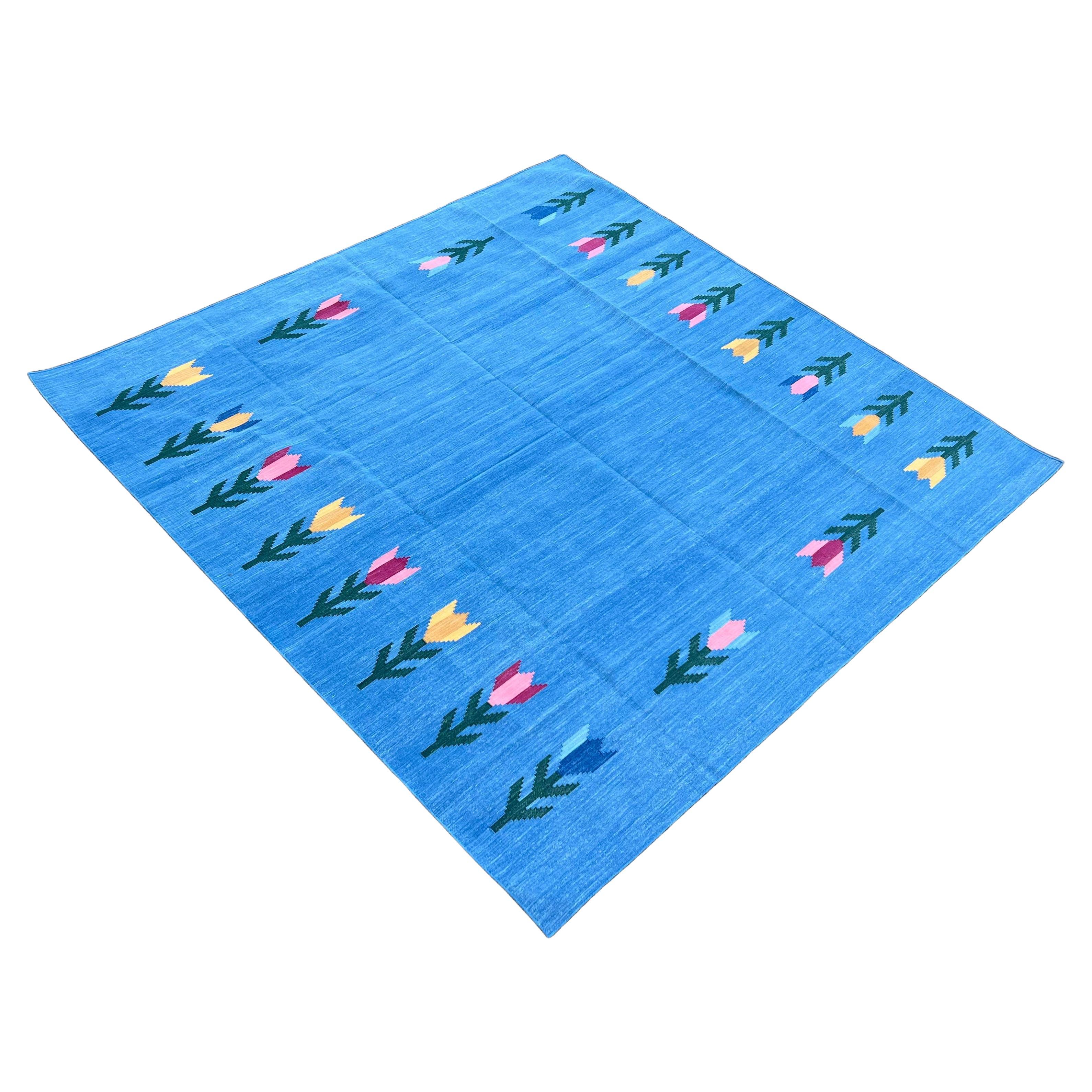 Handmade Cotton Area Flat Weave Rug, 8x8 Sky Blue Leaf Patterned Indian Dhurrie