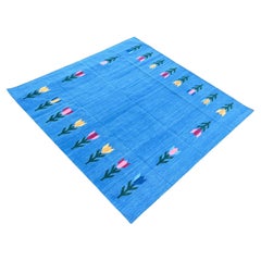 Tappeto a tessitura piatta in cotone fatto a mano, 8x8 Sky Blue Leaf Patterned Indian Dhurrie