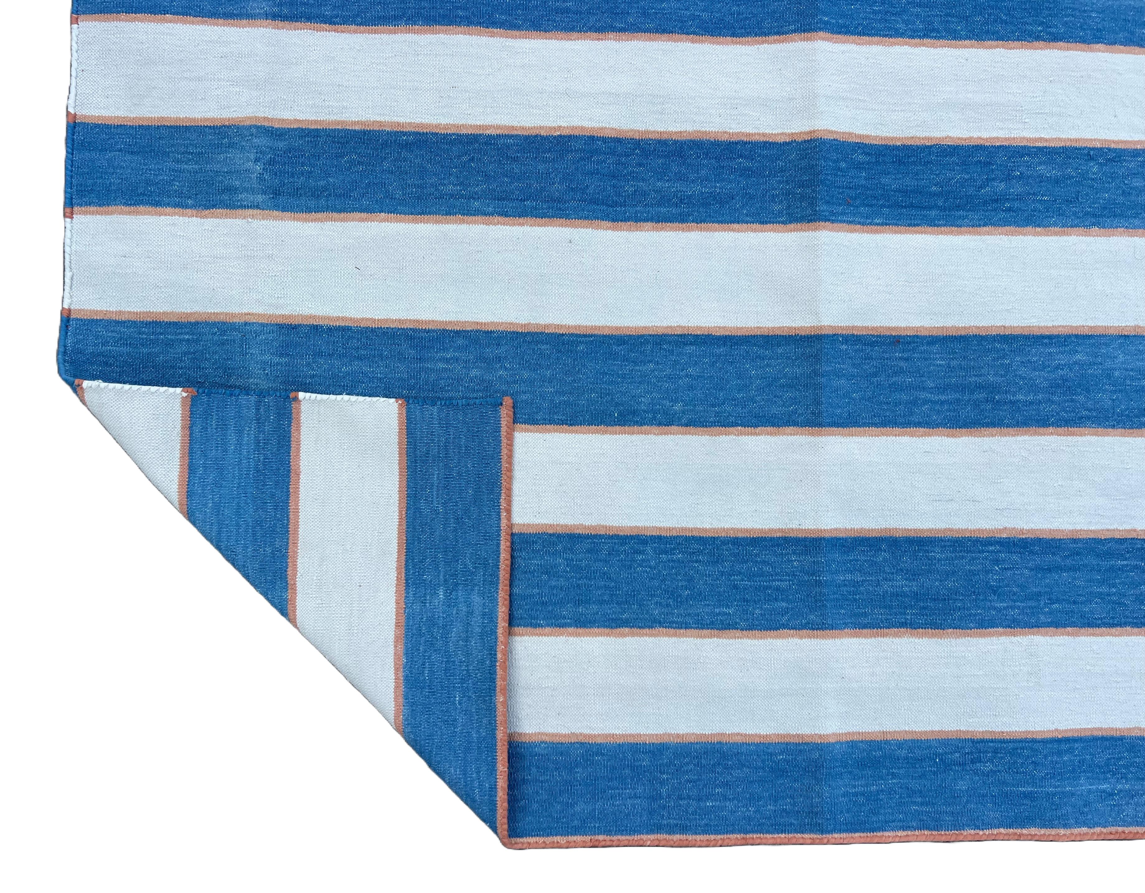 Handmade Cotton Area Flat Weave Rug, 9x12 Blue And Cream Striped Indian Dhurrie For Sale 4