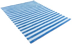 Handmade Cotton Area Flat Weave Rug, 9x12 Blue And Cream Striped Indian Dhurrie
