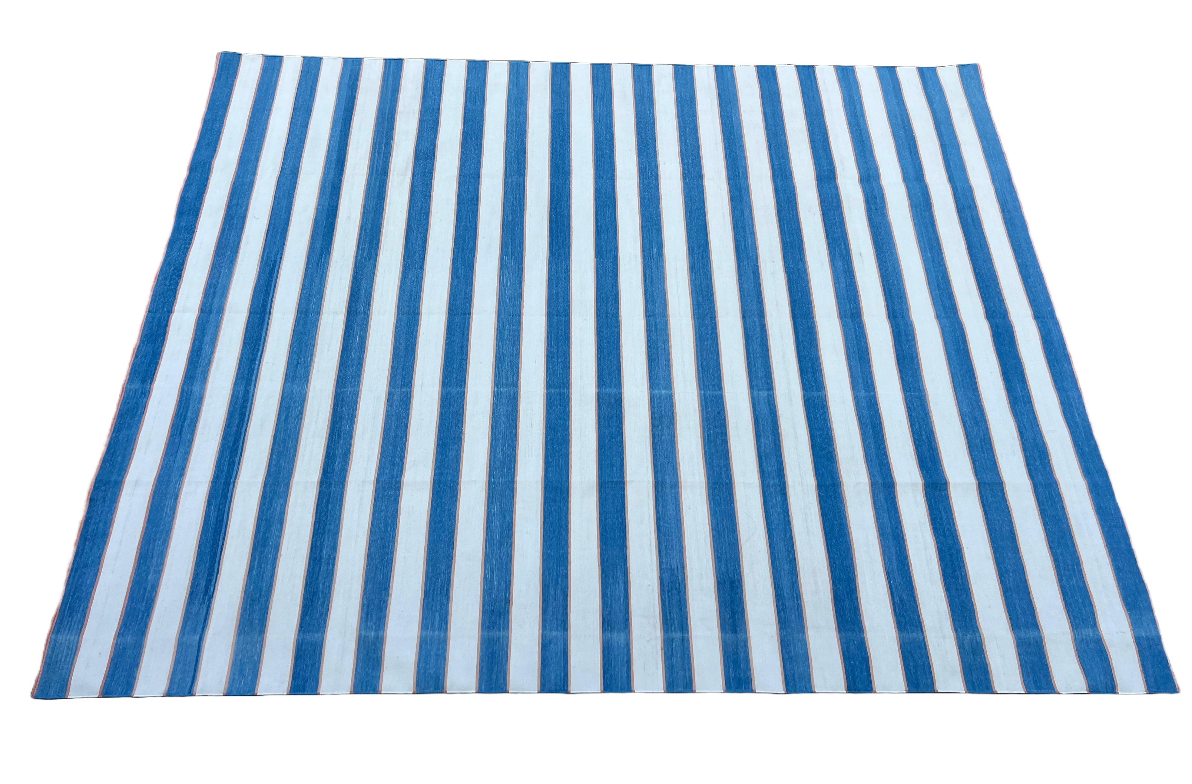 Mid-Century Modern Handmade Cotton Area Flat Weave Rug, 9x12 Blue And Cream Striped Indian Dhurrie For Sale