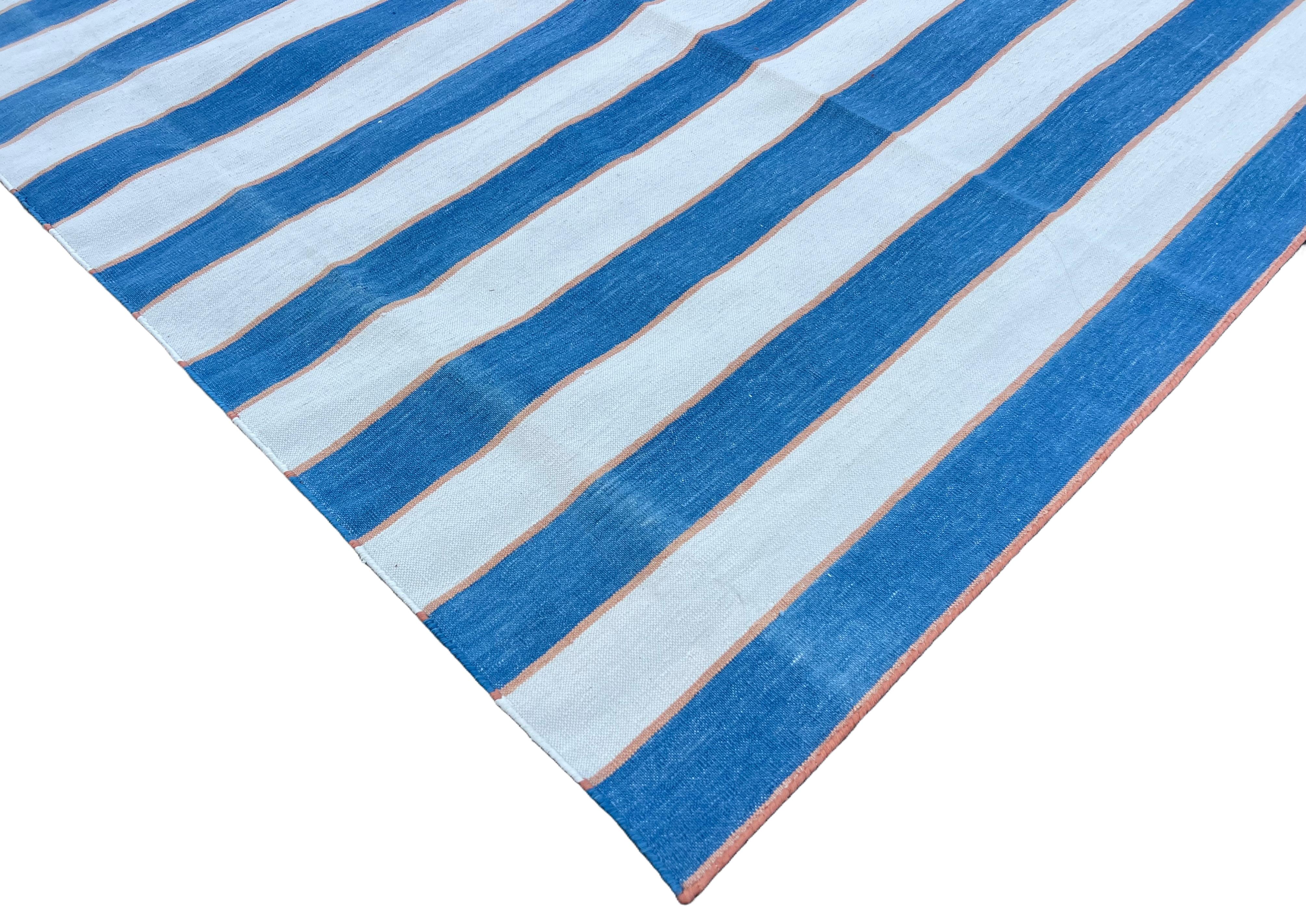 Hand-Woven Handmade Cotton Area Flat Weave Rug, 9x12 Blue And Cream Striped Indian Dhurrie For Sale