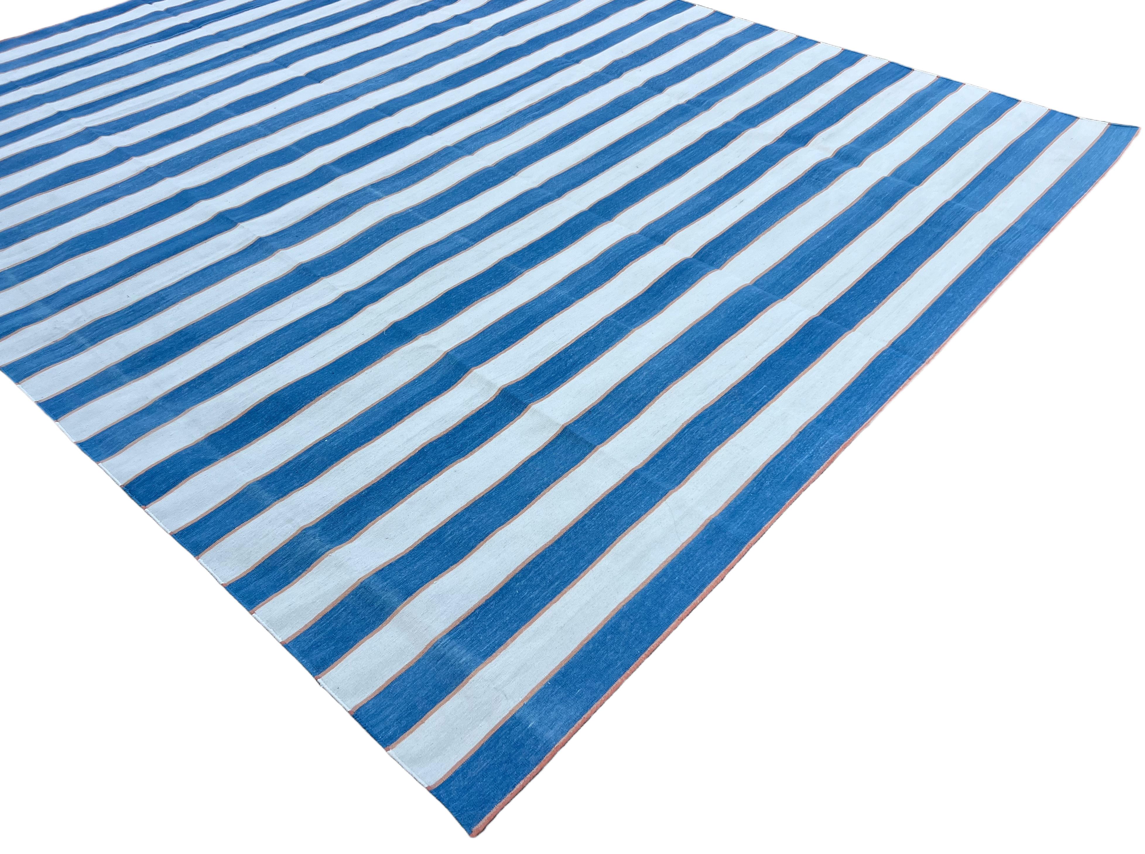 Handmade Cotton Area Flat Weave Rug, 9x12 Blue And Cream Striped Indian Dhurrie In New Condition For Sale In Jaipur, IN