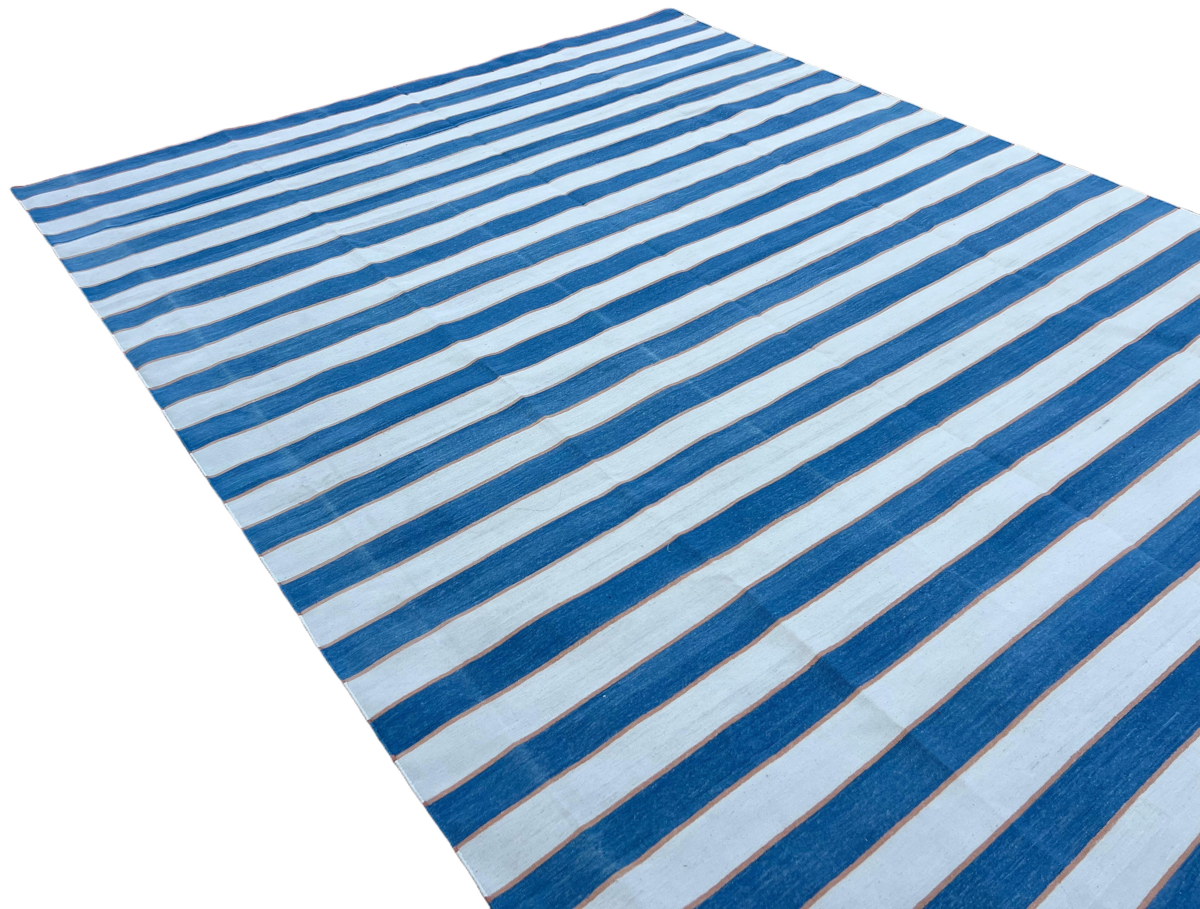 Contemporary Handmade Cotton Area Flat Weave Rug, 9x12 Blue And Cream Striped Indian Dhurrie For Sale