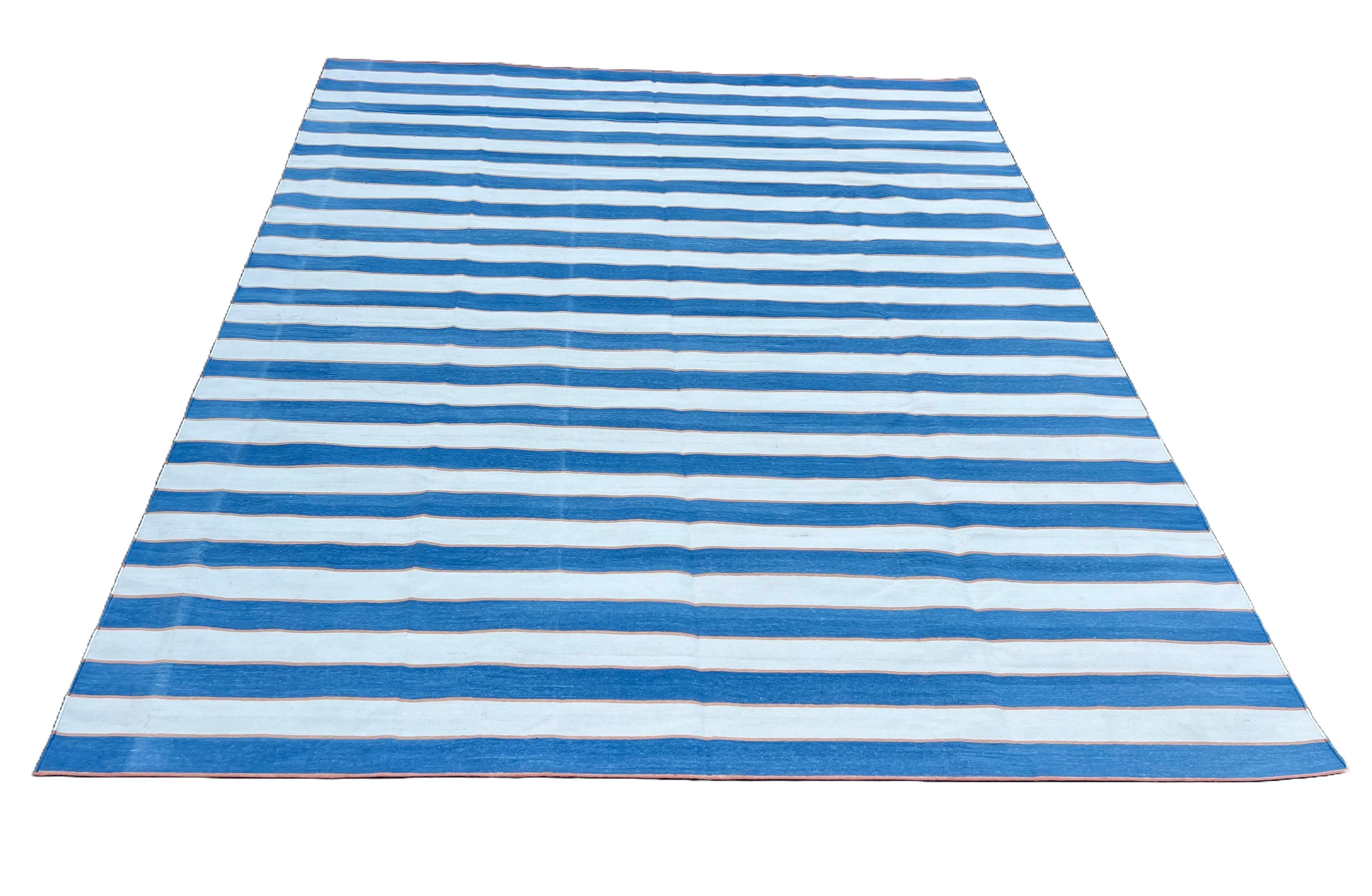 Handmade Cotton Area Flat Weave Rug, 9x12 Blue And Cream Striped Indian Dhurrie For Sale 1