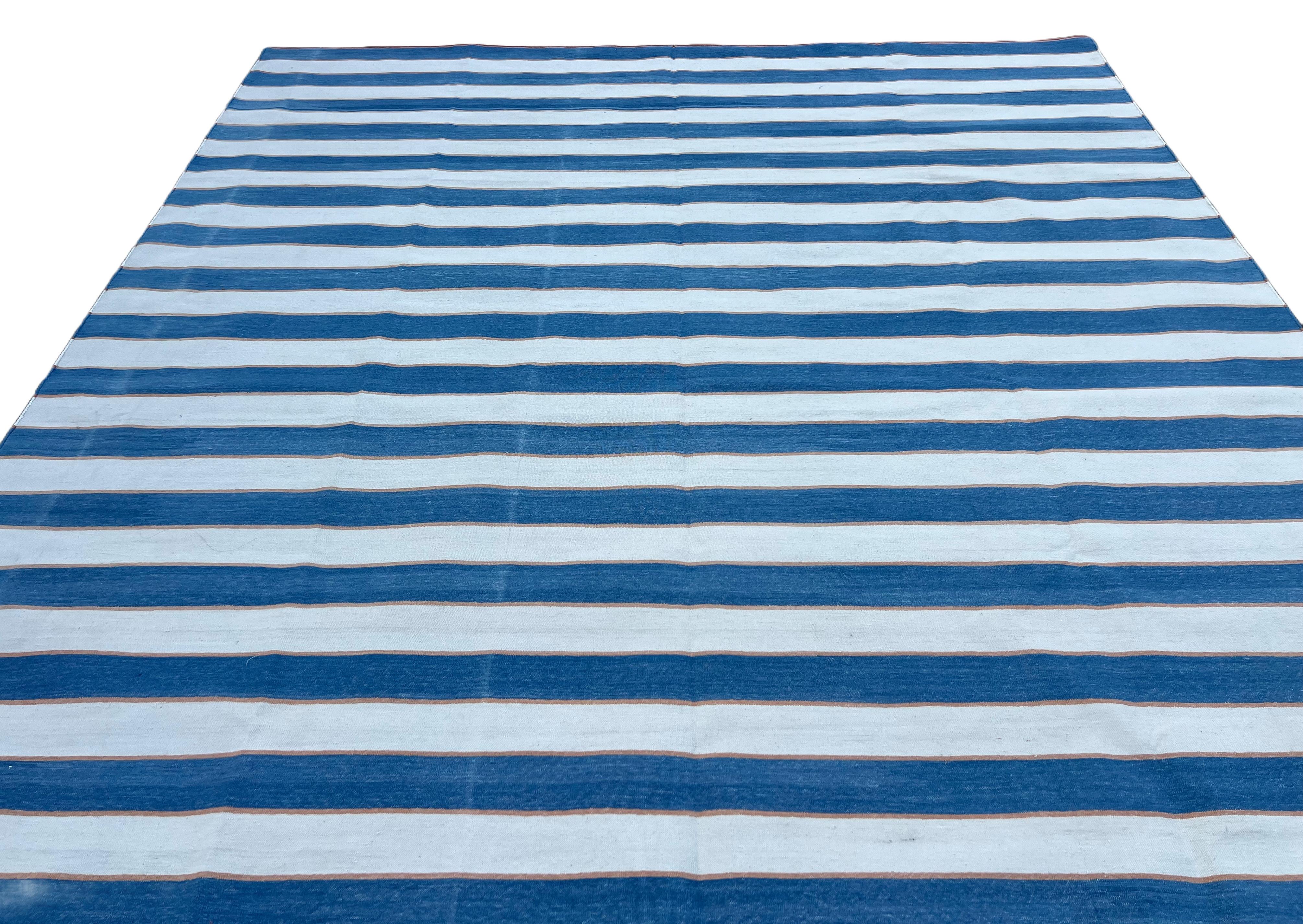 Handmade Cotton Area Flat Weave Rug, 9x12 Blue And Cream Striped Indian Dhurrie For Sale 2