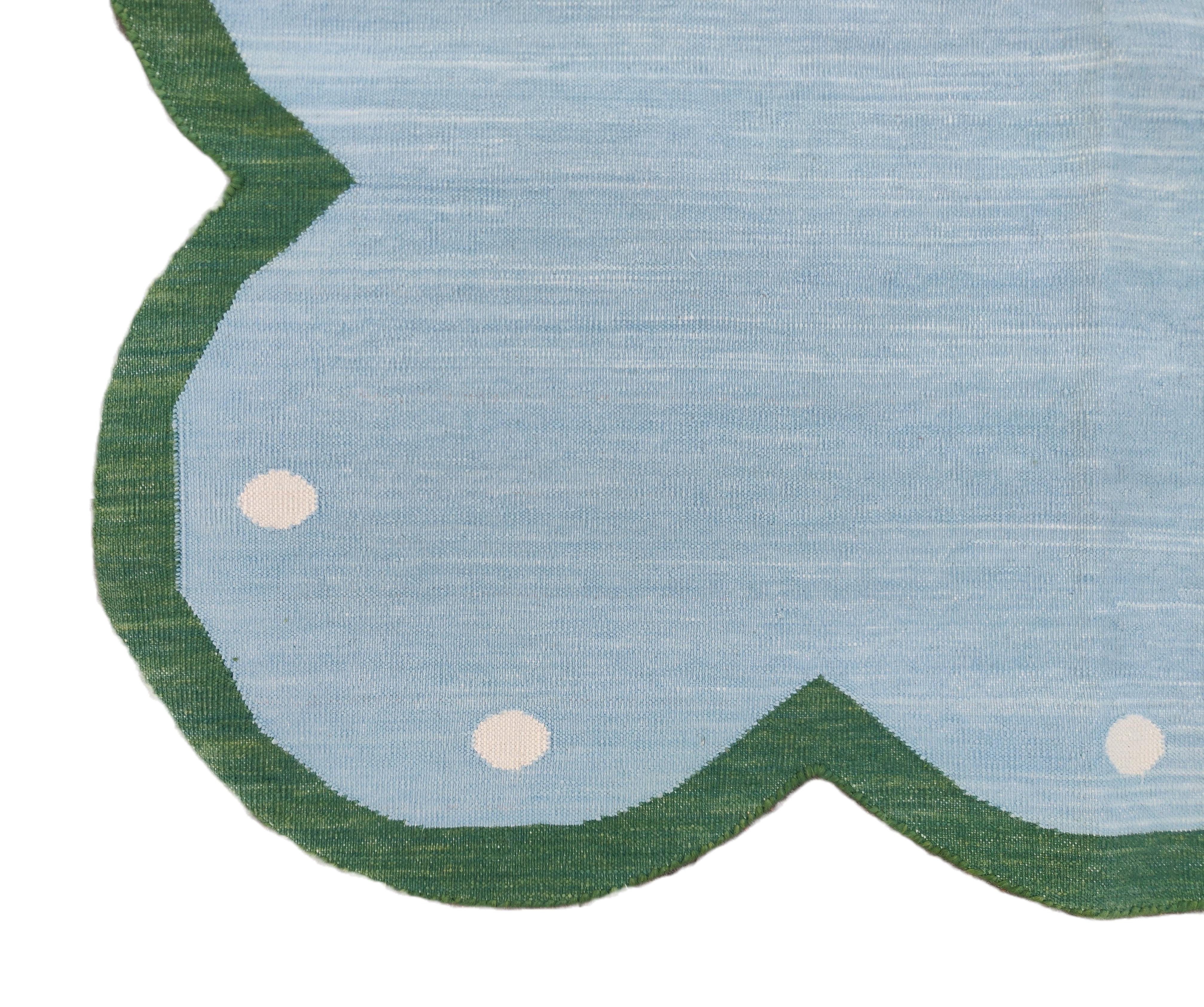 Contemporary Handmade Cotton Area Flat Weave Rug, 9x12 Blue And Green Scallop Indian Dhurrie For Sale