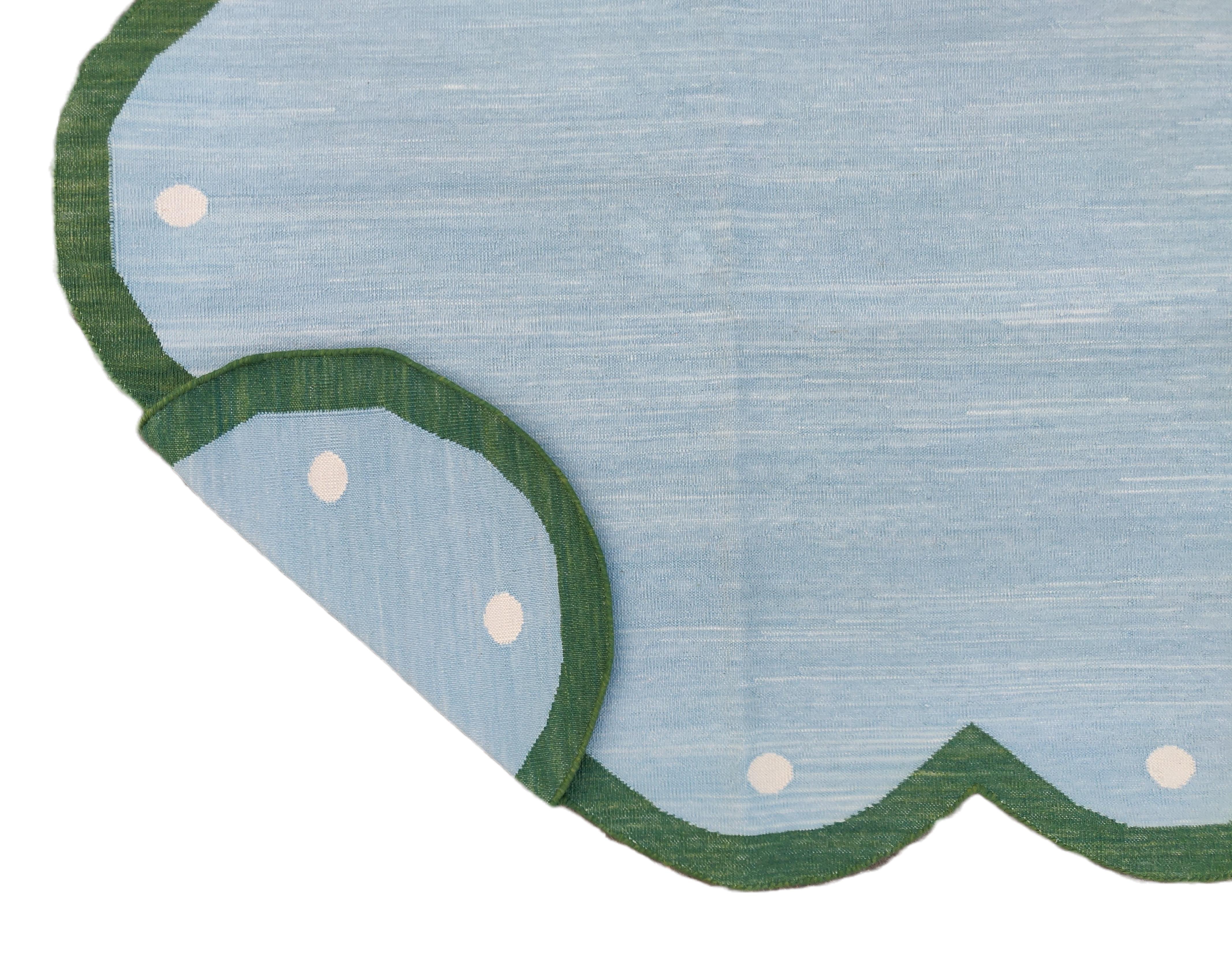 Handmade Cotton Area Flat Weave Rug, 9x12 Blue And Green Scallop Indian Dhurrie For Sale 1