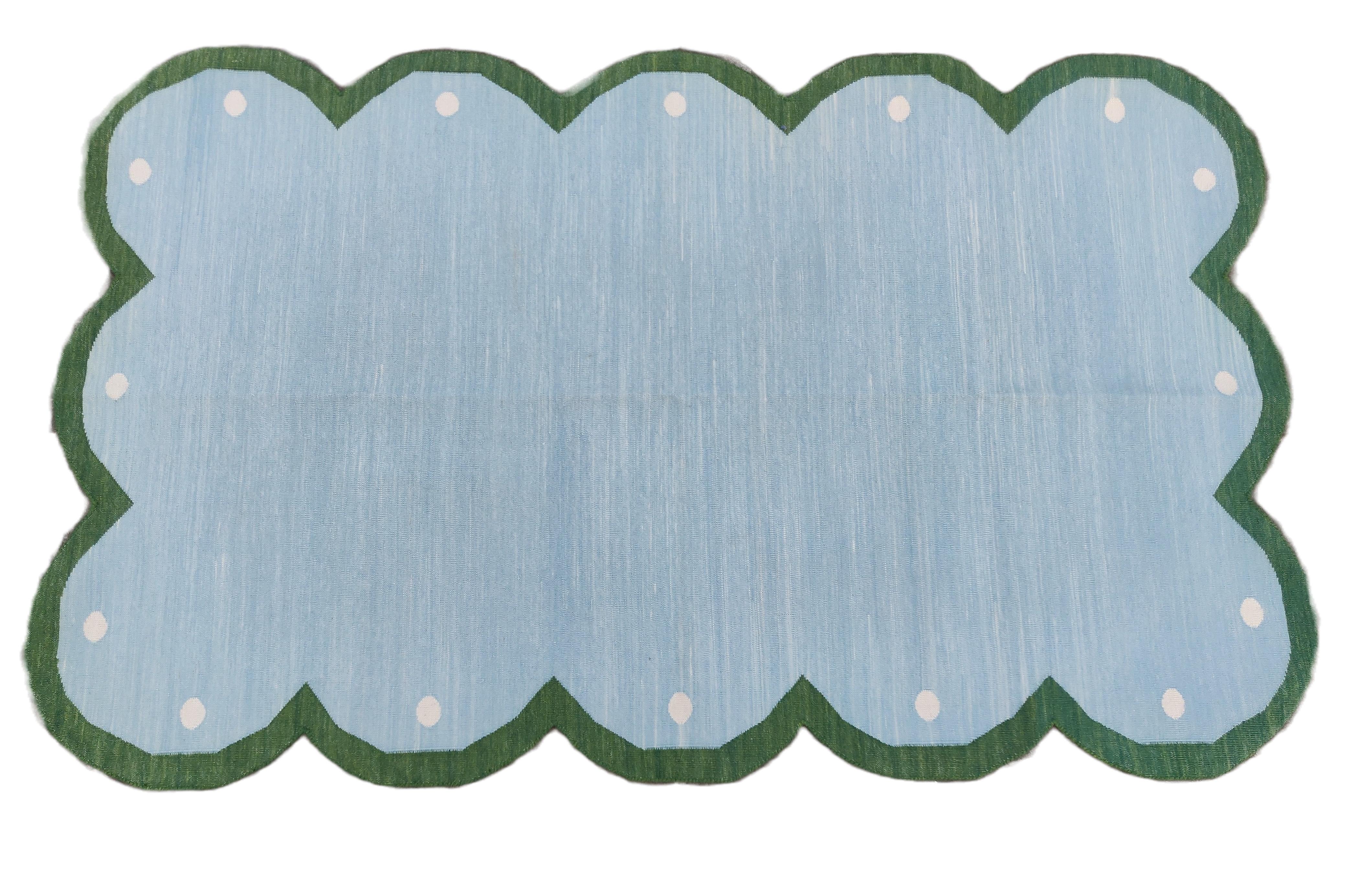 Handmade Cotton Area Flat Weave Rug, 9x12 Blue And Green Scallop Indian Dhurrie For Sale 2