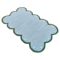 Tapis Dhurrie indien à tissage plat fait à la main, 9 x 12, bleu et vert festonné