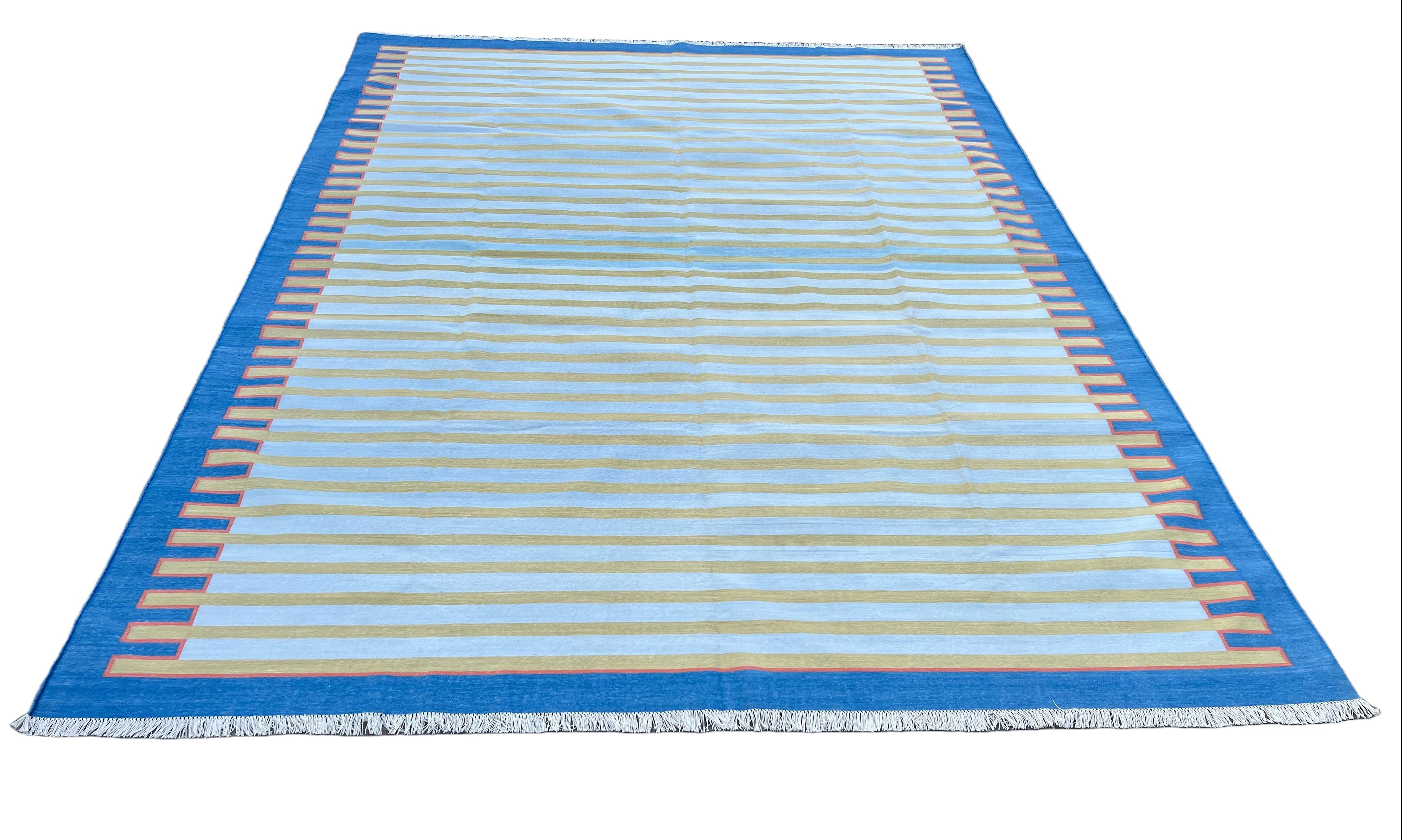 Indian Handmade Cotton Area Flat Weave Rug, 9x12 Blue And Green Zig Zag Striped Dhurrie For Sale
