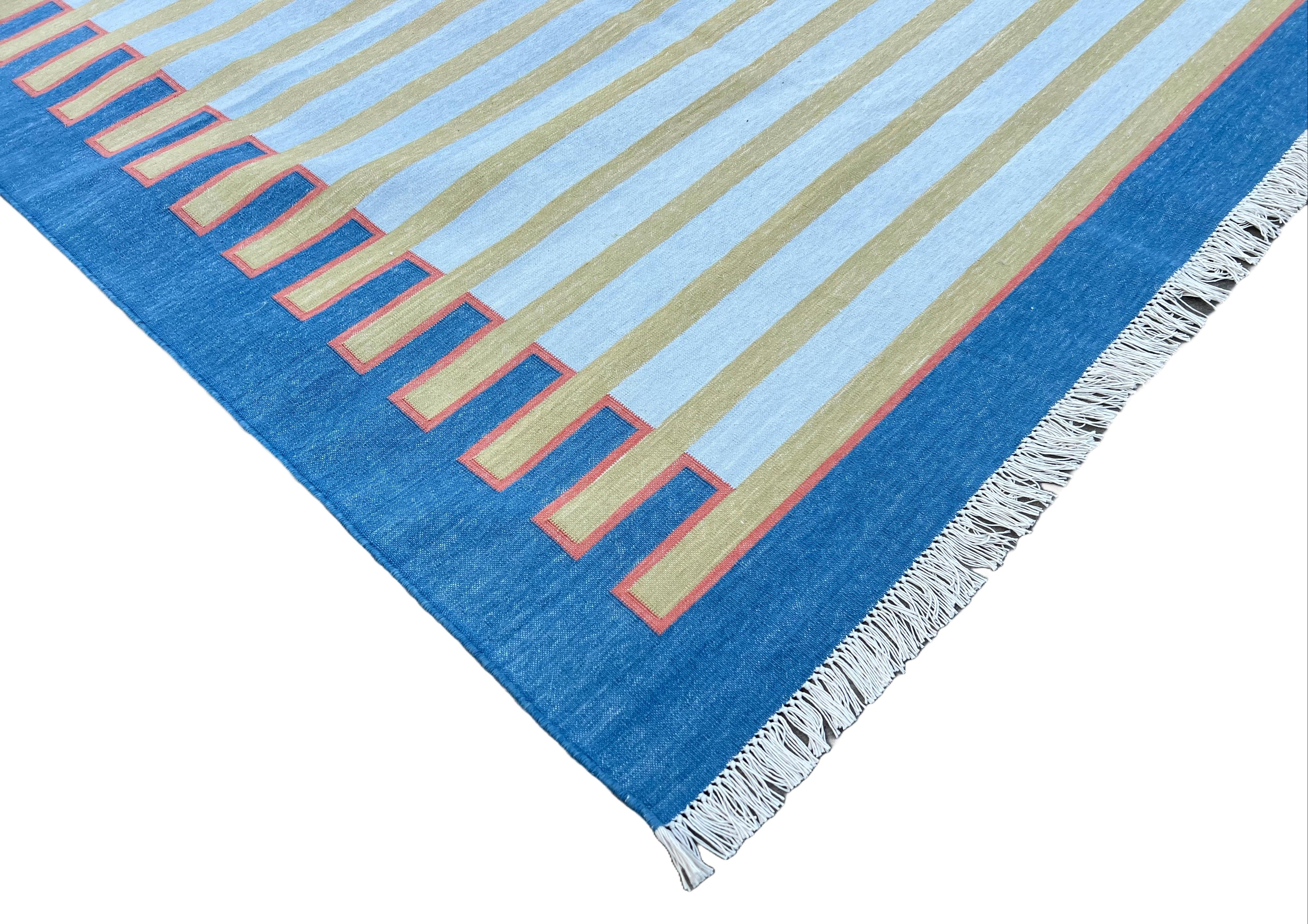 Hand-Woven Handmade Cotton Area Flat Weave Rug, 9x12 Blue And Green Zig Zag Striped Dhurrie For Sale