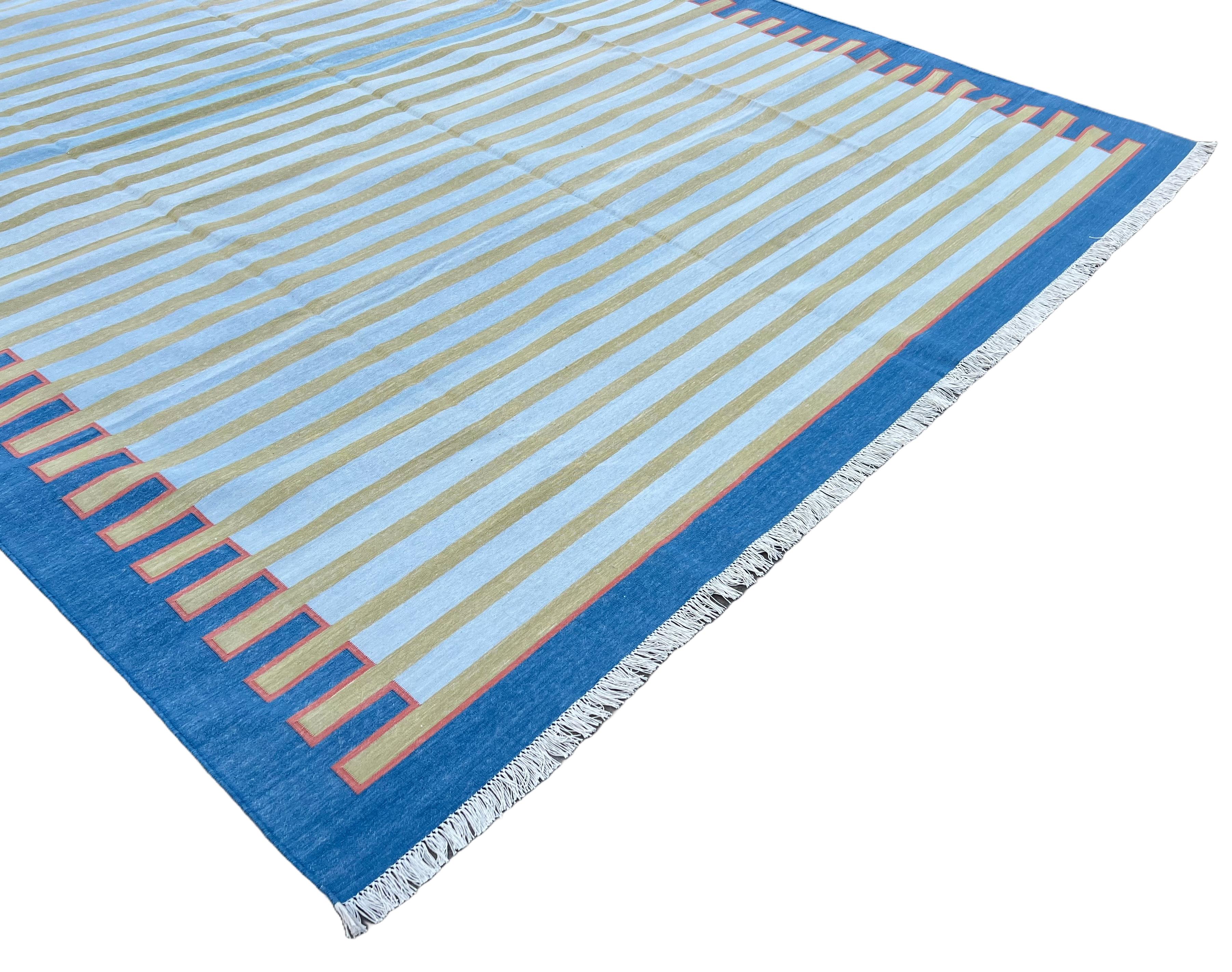Handmade Cotton Area Flat Weave Rug, 9x12 Blue And Green Zig Zag Striped Dhurrie In New Condition For Sale In Jaipur, IN