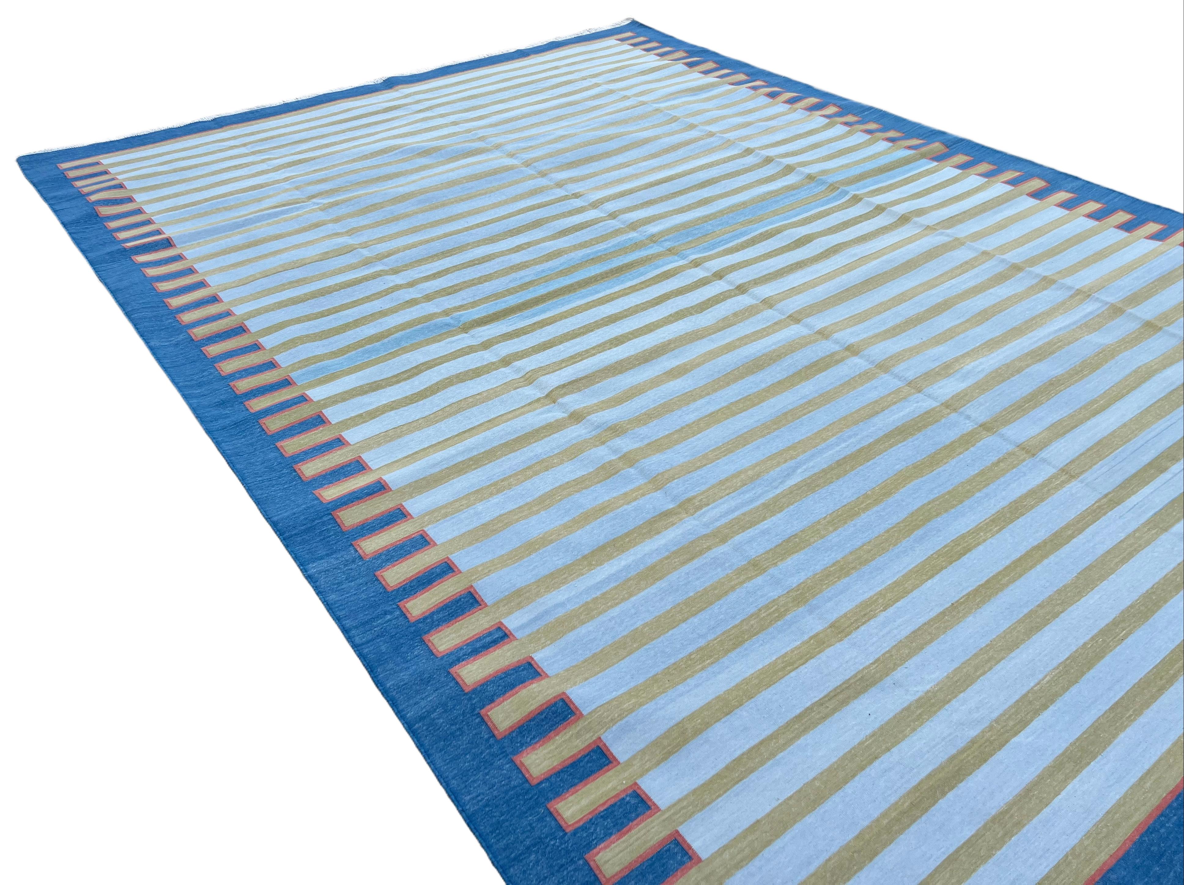 Contemporary Handmade Cotton Area Flat Weave Rug, 9x12 Blue And Green Zig Zag Striped Dhurrie