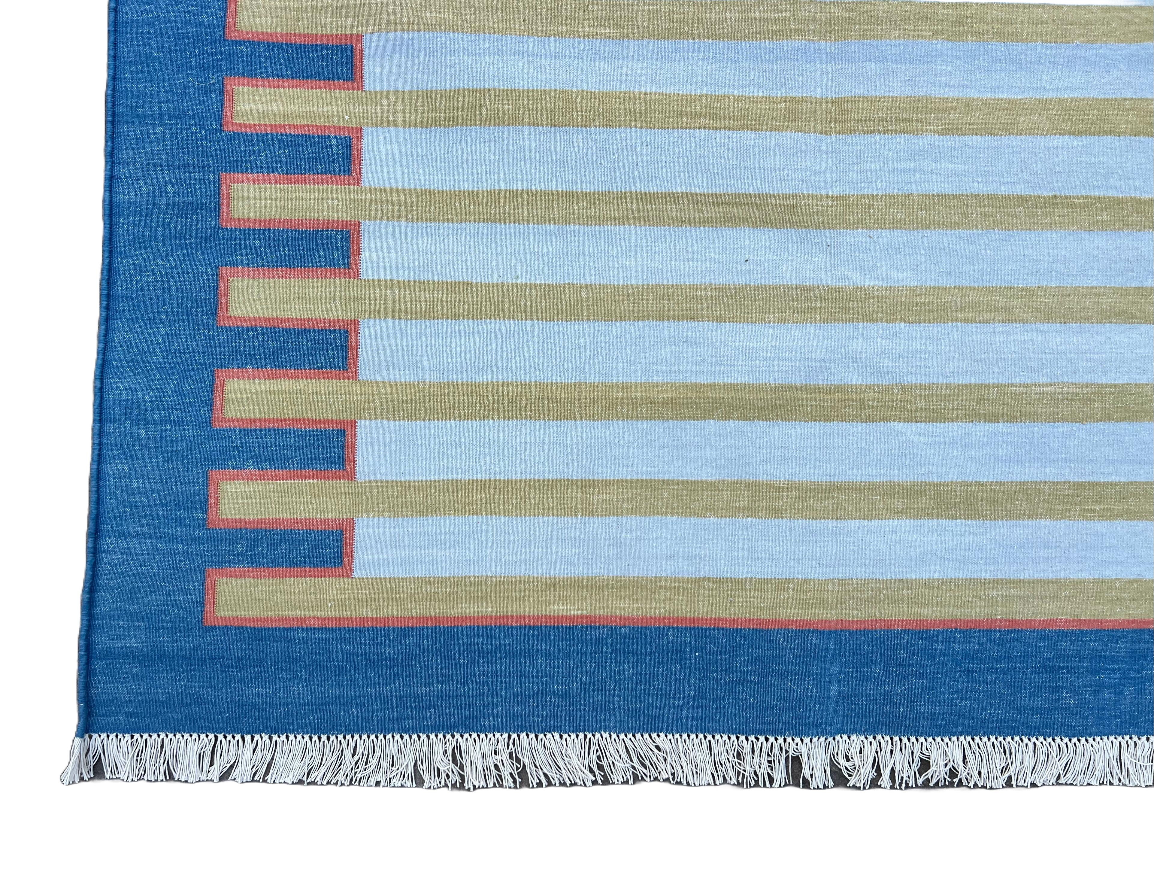 Handmade Cotton Area Flat Weave Rug, 9x12 Blue And Green Zig Zag Striped Dhurrie For Sale 1