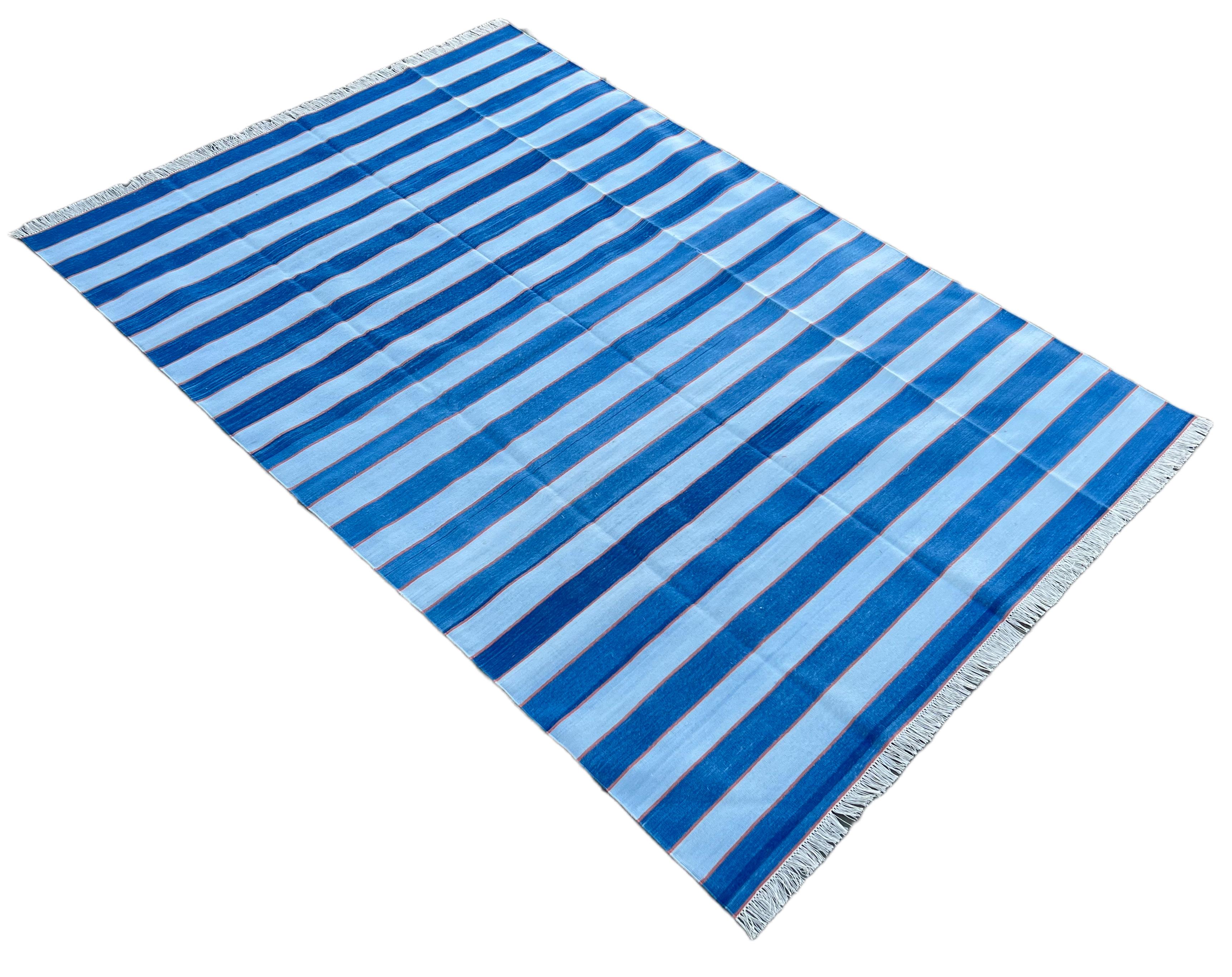 Handgefertigter Flachgewebe-Teppich aus Baumwolle, 9x12, blau und orange gestreifter indischer Dhurrie im Angebot 3
