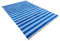 Tappeto a tessitura piatta in cotone fatto a mano, 9x12 blu e arancione a strisce indiane Dhurrie