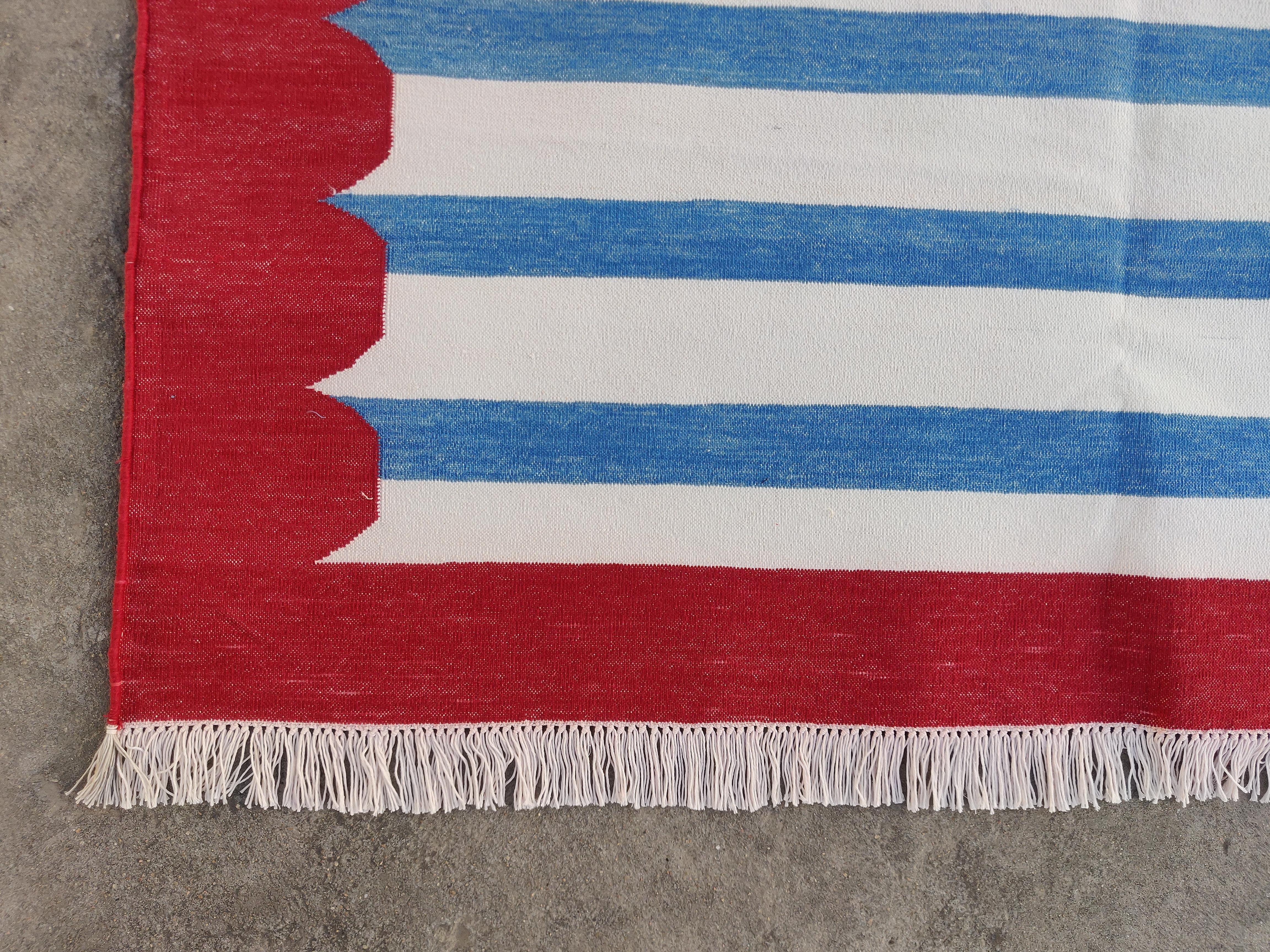 Handmade Cotton Area Flat Weave Rug, 9x12 Blue And Red Striped Indian Dhurrie 4