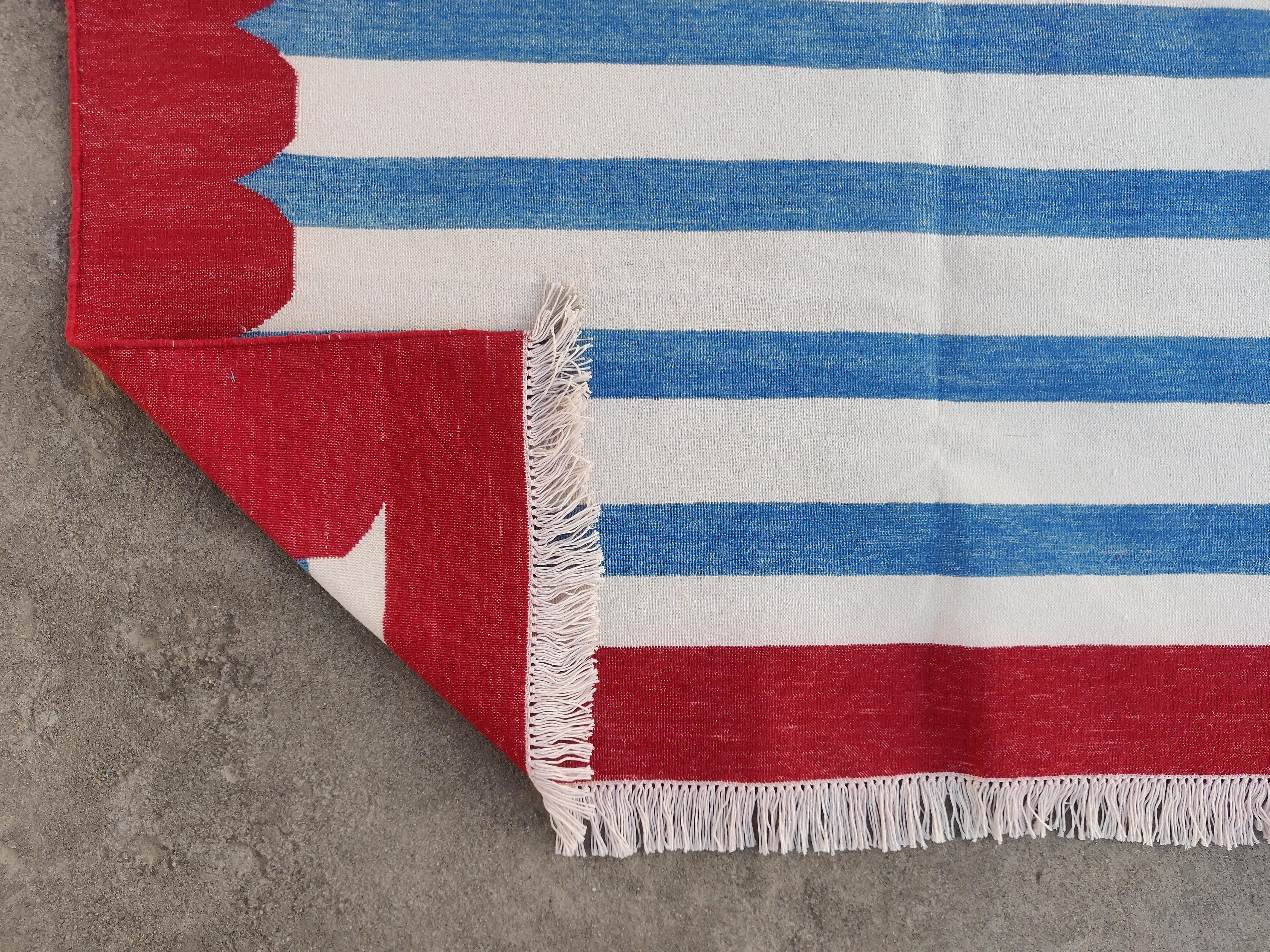 Handmade Cotton Area Flat Weave Rug, 9x12 Blue And Red Striped Indian Dhurrie 5