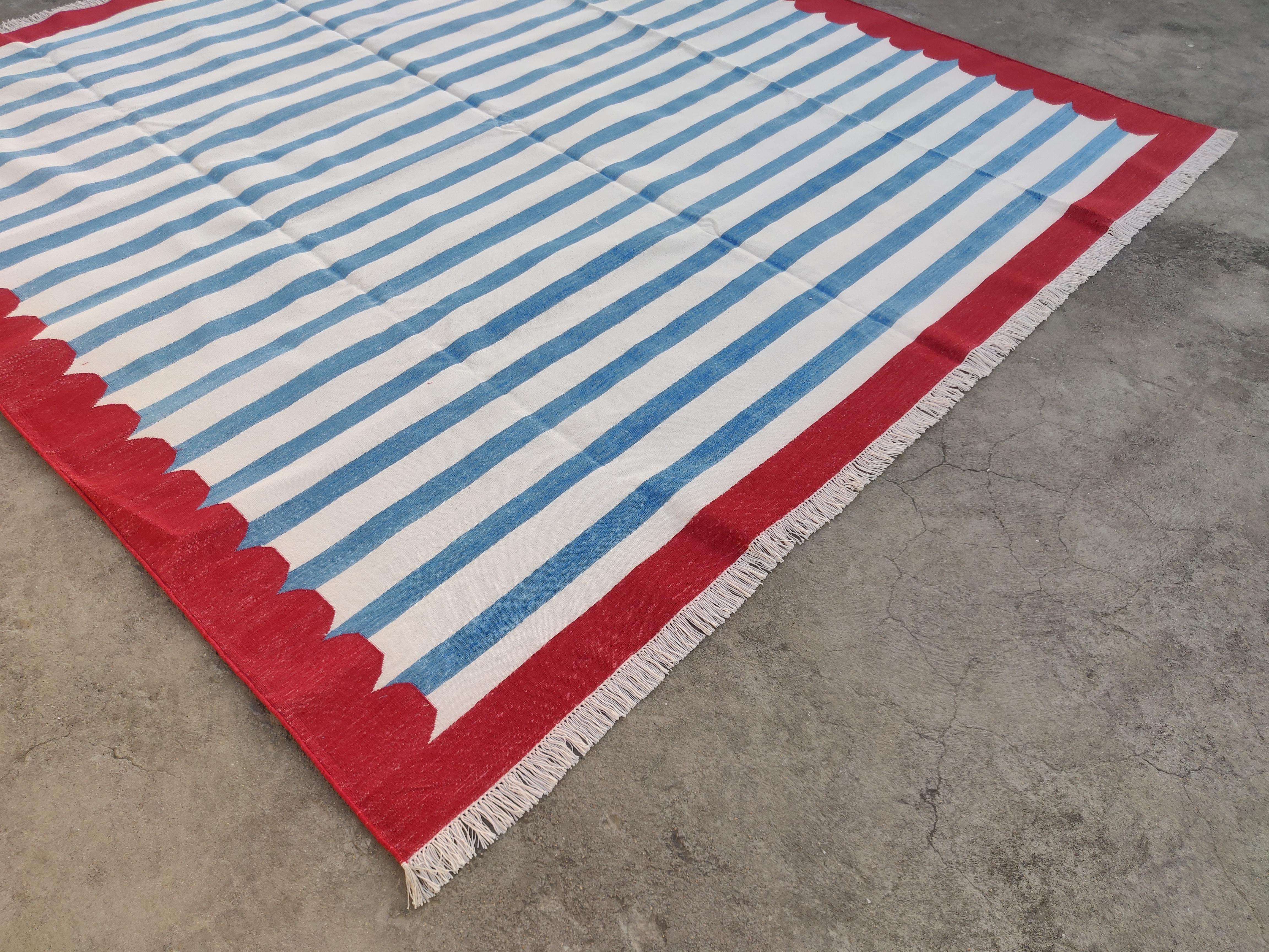Hand-Woven Handmade Cotton Area Flat Weave Rug, 9x12 Blue And Red Striped Indian Dhurrie