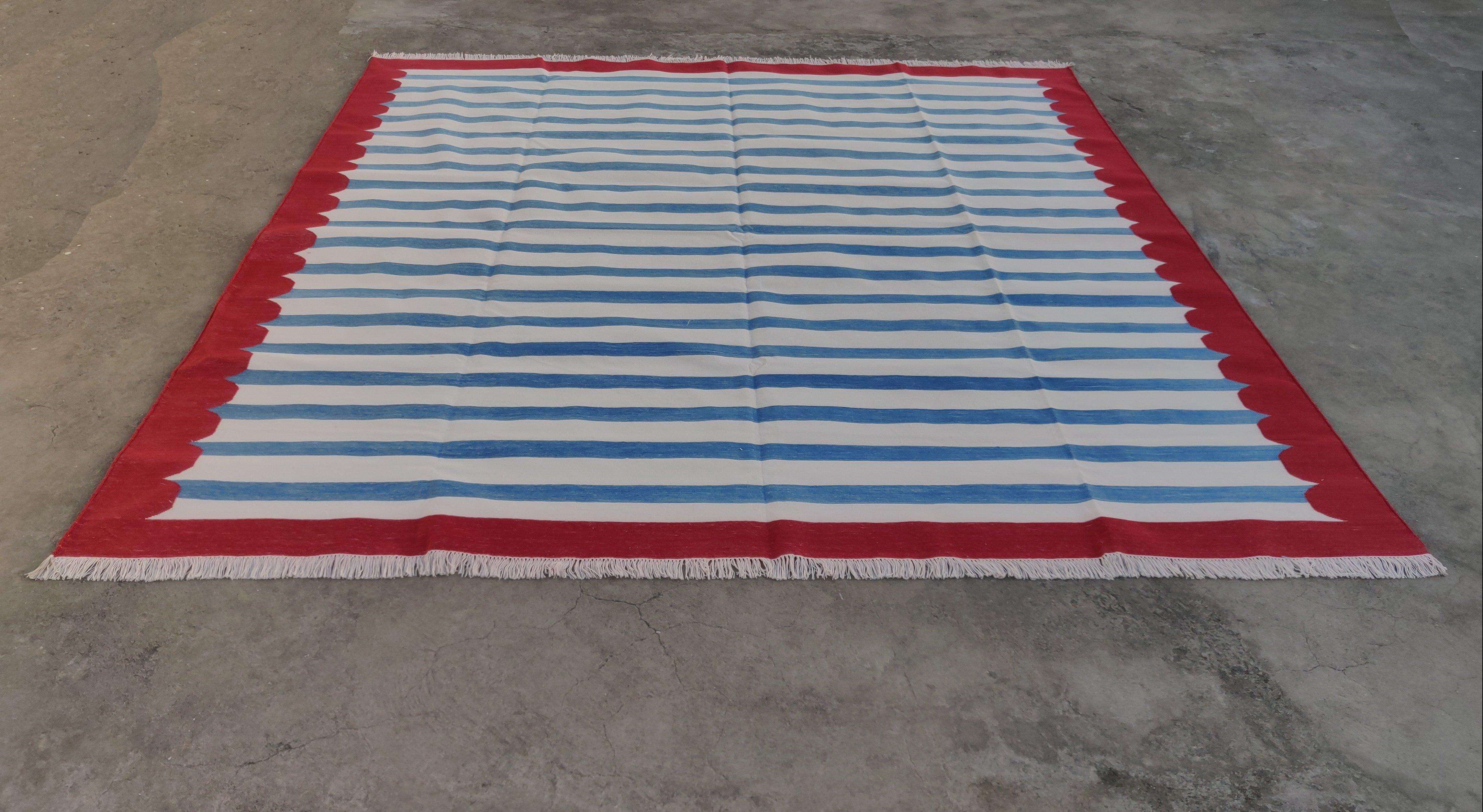 Contemporary Handmade Cotton Area Flat Weave Rug, 9x12 Blue And Red Striped Indian Dhurrie For Sale
