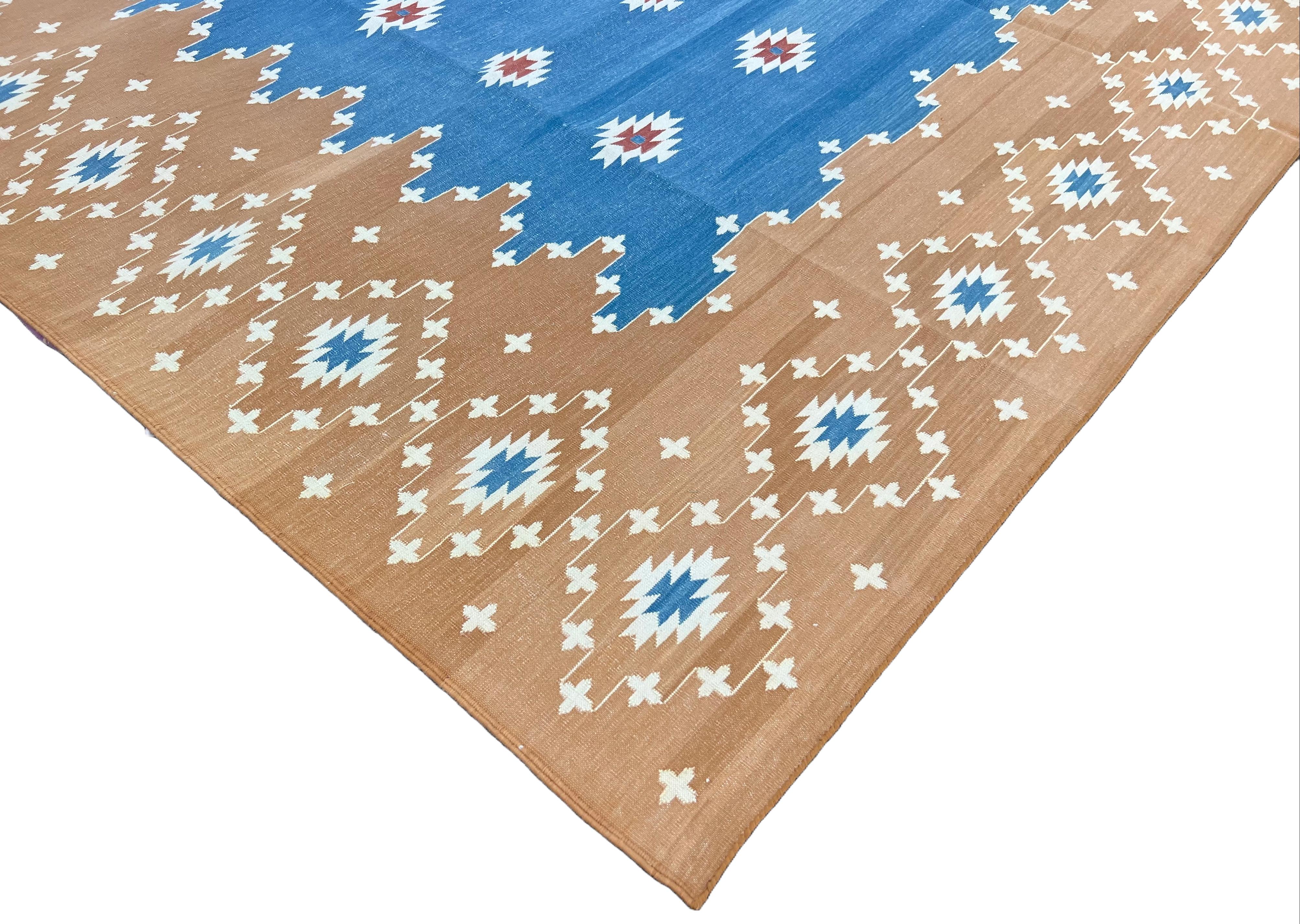 Tapis Dhurrie indien à tissage plat fait à la main, 9 x 12, bleu et brun clair en vente 2