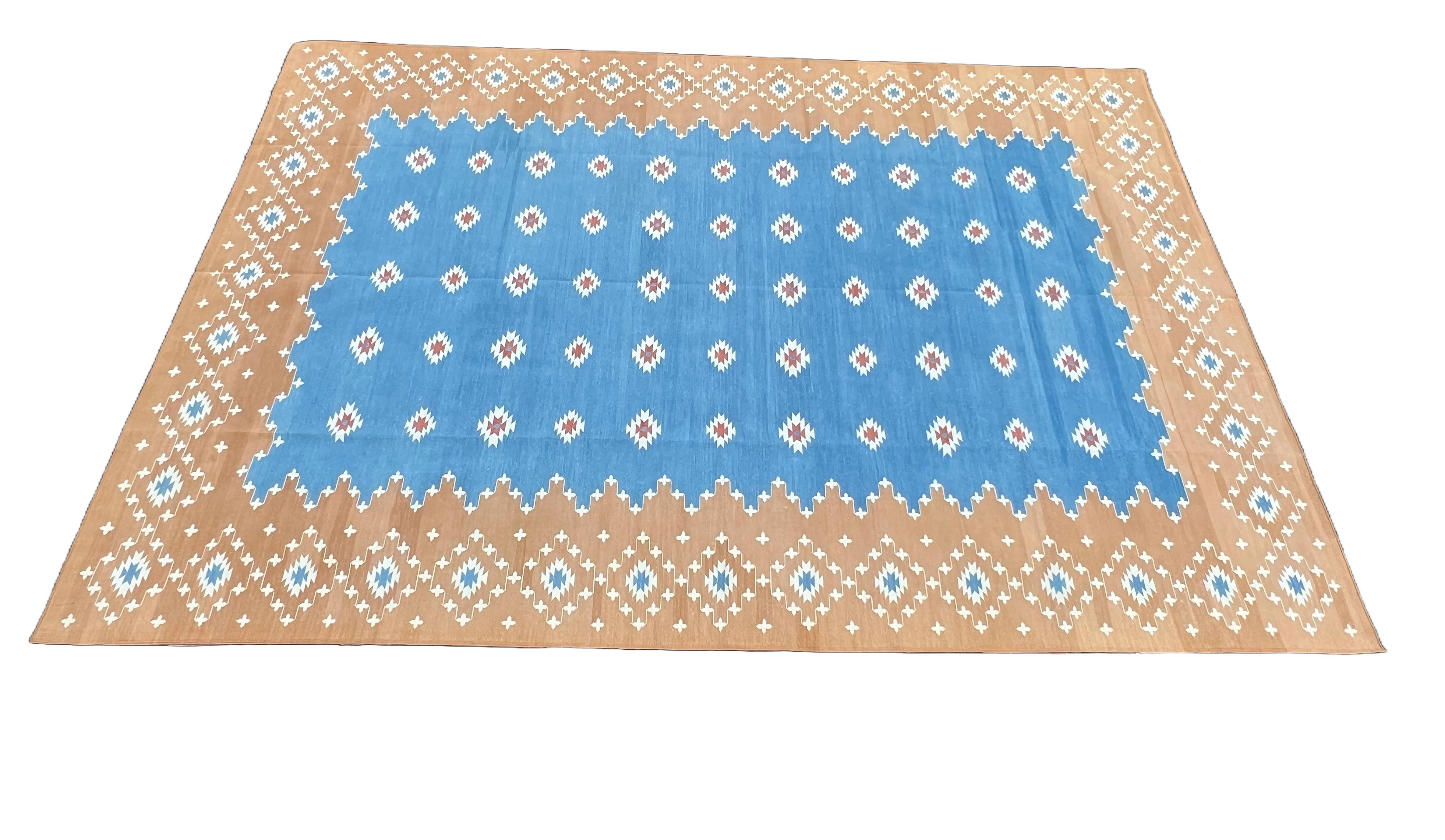 Mid-Century Modern Tapis Dhurrie indien à tissage plat fait à la main, 9 x 12, bleu et brun clair en vente