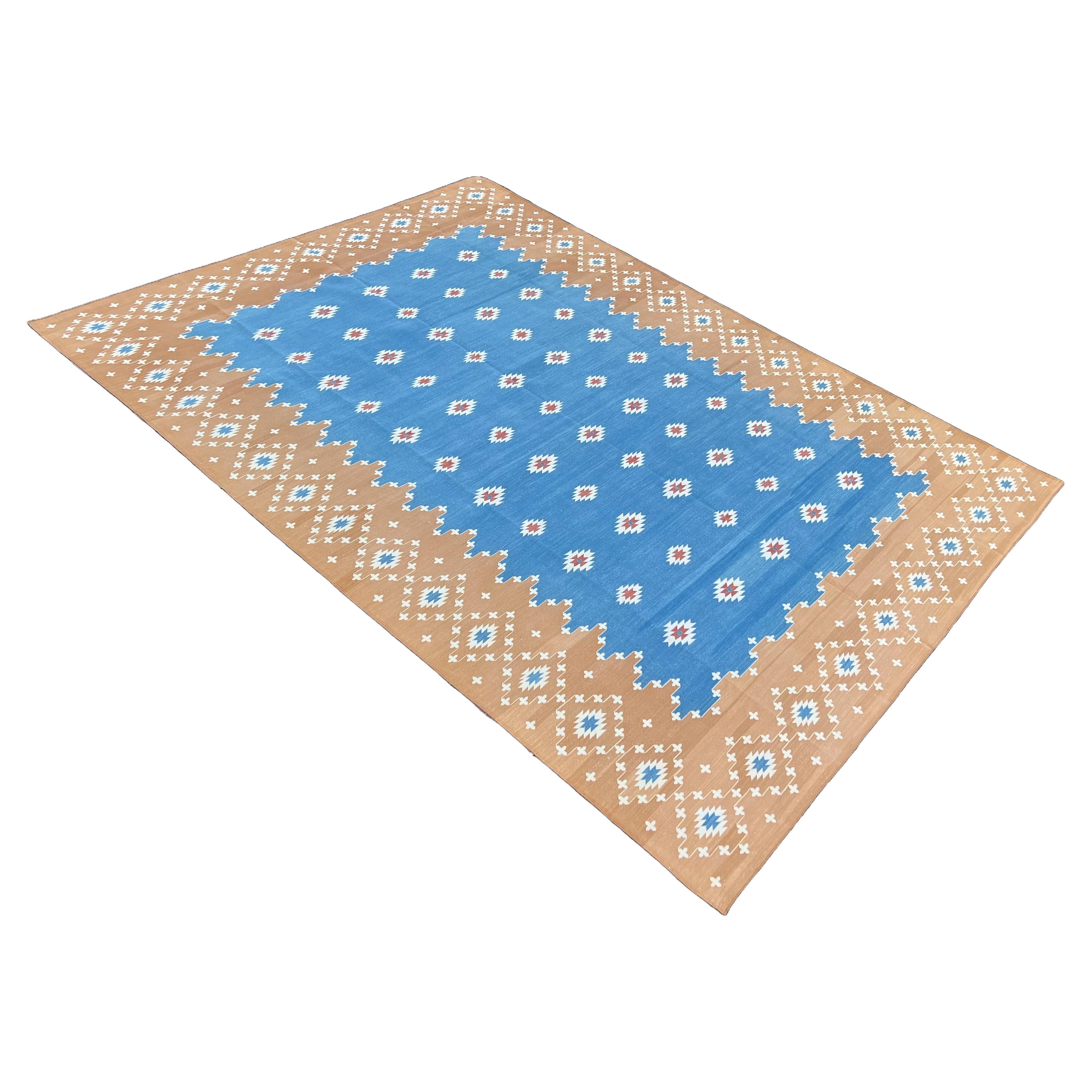 Tapis Dhurrie indien à tissage plat fait à la main, 9 x 12, bleu et brun clair en vente
