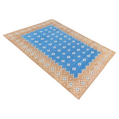Handgemachte Baumwolle Bereich Flachgewebe Teppich, 9x12 Blau und Tan Diamant indischen Dhurrie