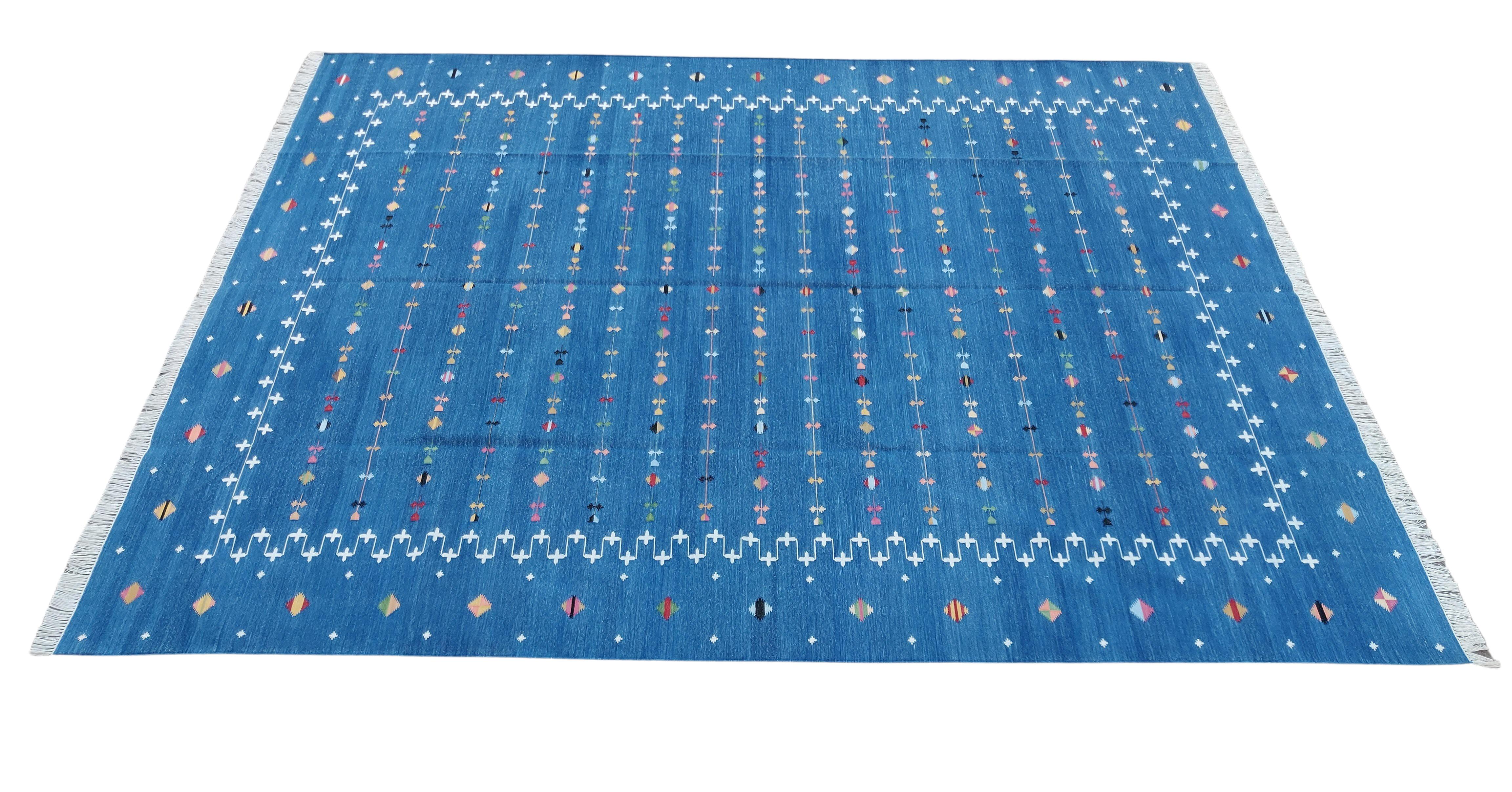 Handmade Cotton Area Flat Weave Rug, 9x12 Blue And White Shooting Star Dhurrie For Sale 3