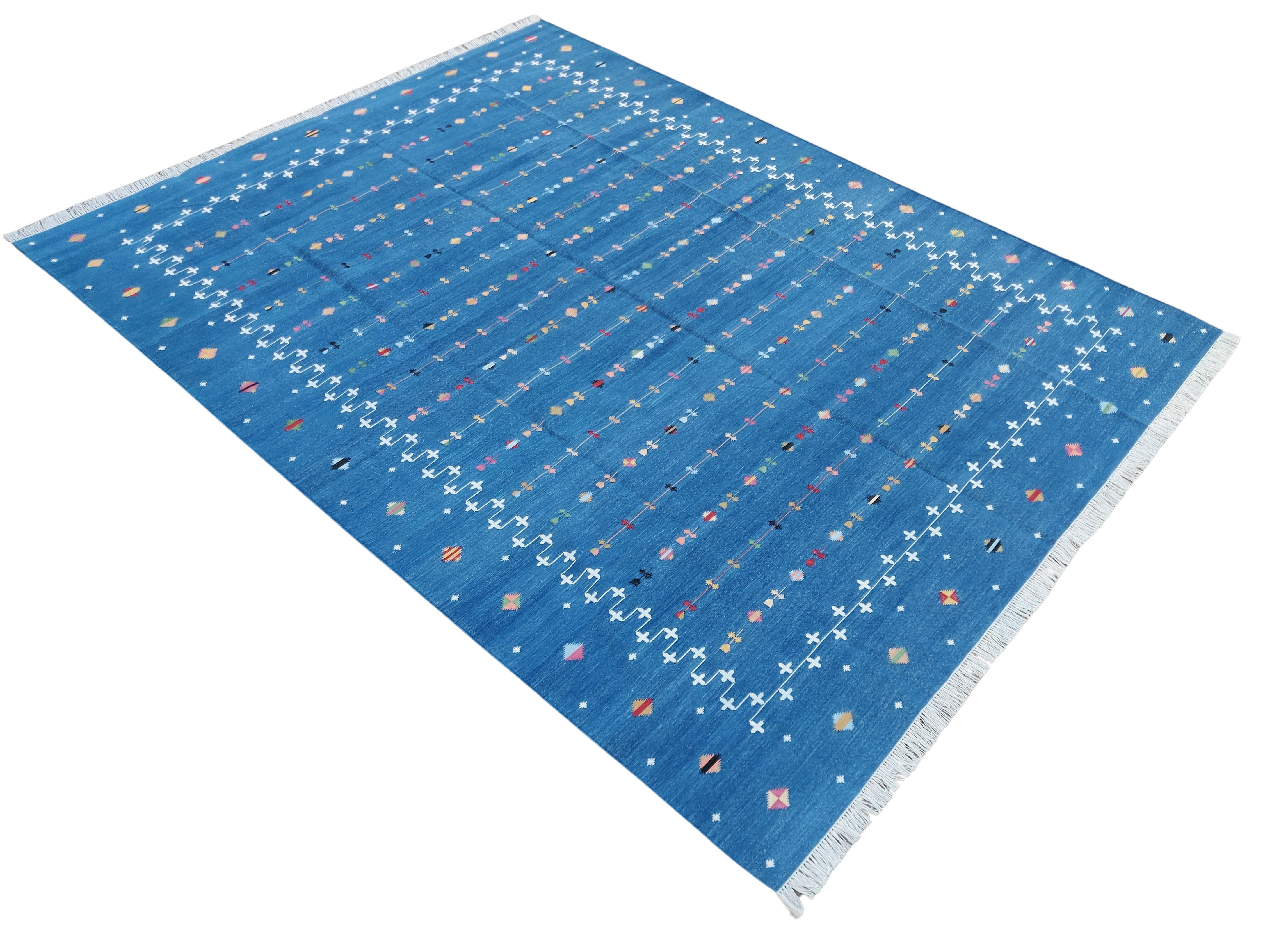 Handmade Cotton Area Flat Weave Rug, 9x12 Blue And White Shooting Star Dhurrie For Sale 4