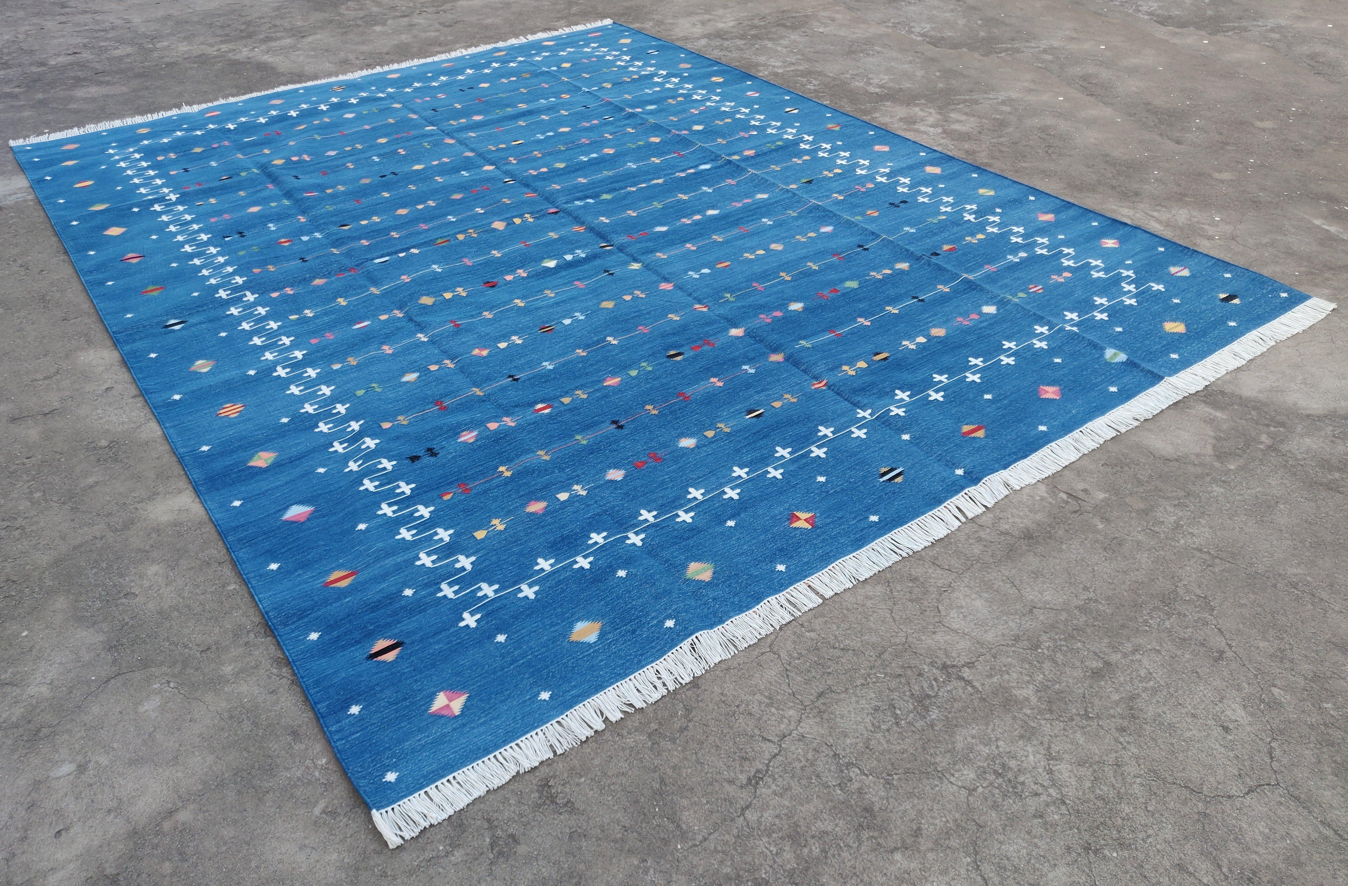 Handmade Cotton Area Flat Weave Rug, 9x12 Blue And White Shooting Star Dhurrie For Sale 5