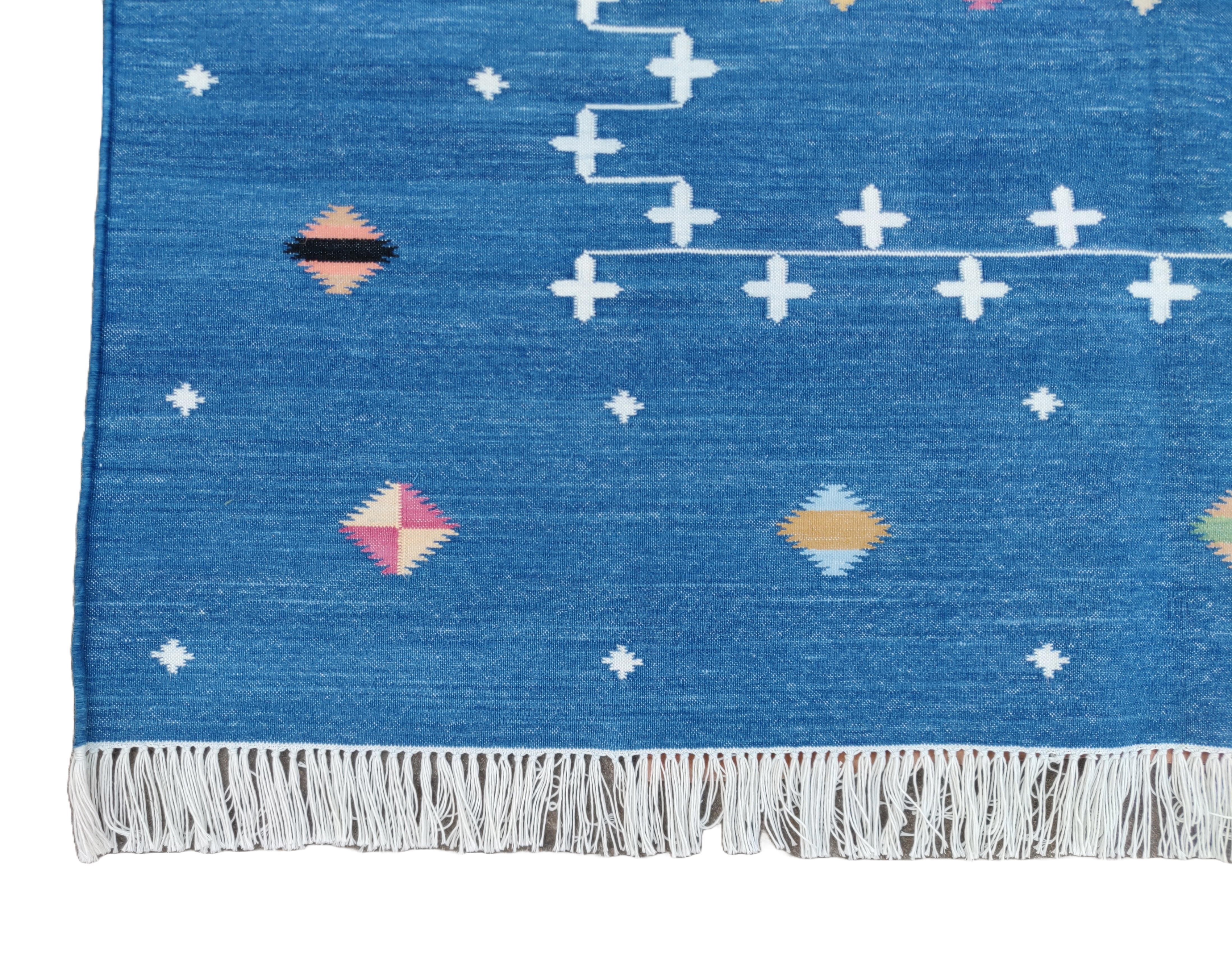 Kilim Handmade Cotton Area Flat Weave Rug, 9x12 Blue And White Shooting Star Dhurrie For Sale