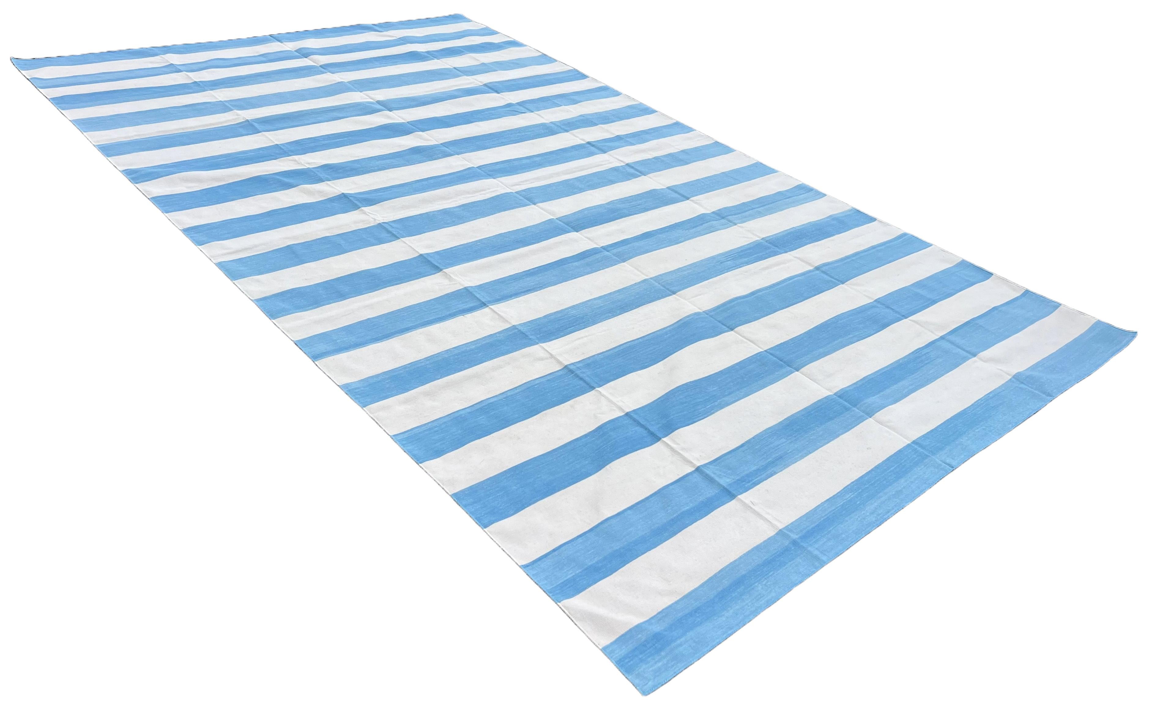 Handmade Cotton Area Flat Weave Rug, 9x12 Blue And White Striped Indian Dhurrie For Sale 4