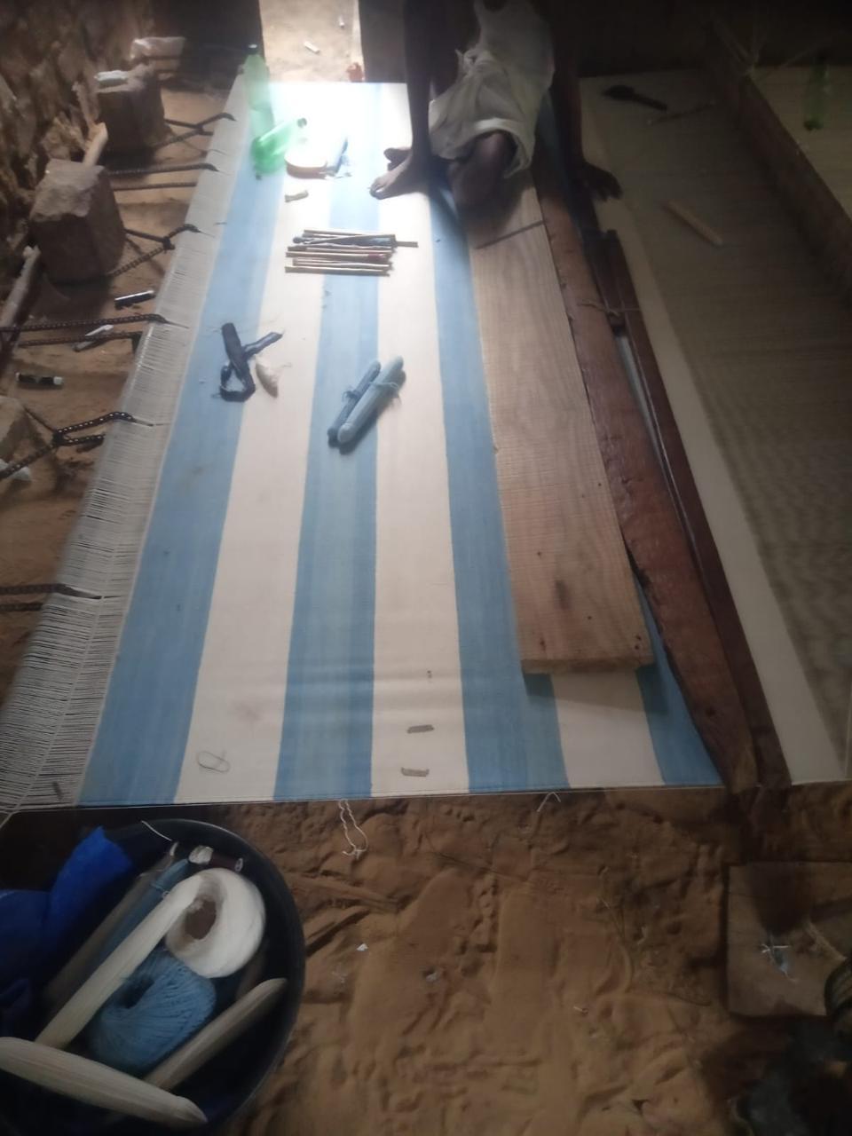 Handmade Cotton Area Flat Weave Rug, 9x12 Blue And White Striped Indian Dhurrie For Sale 5