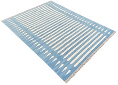 Handmade Cotton Area Flat Weave Rug, 9x12 Blue And White Striped Indian Dhurrie