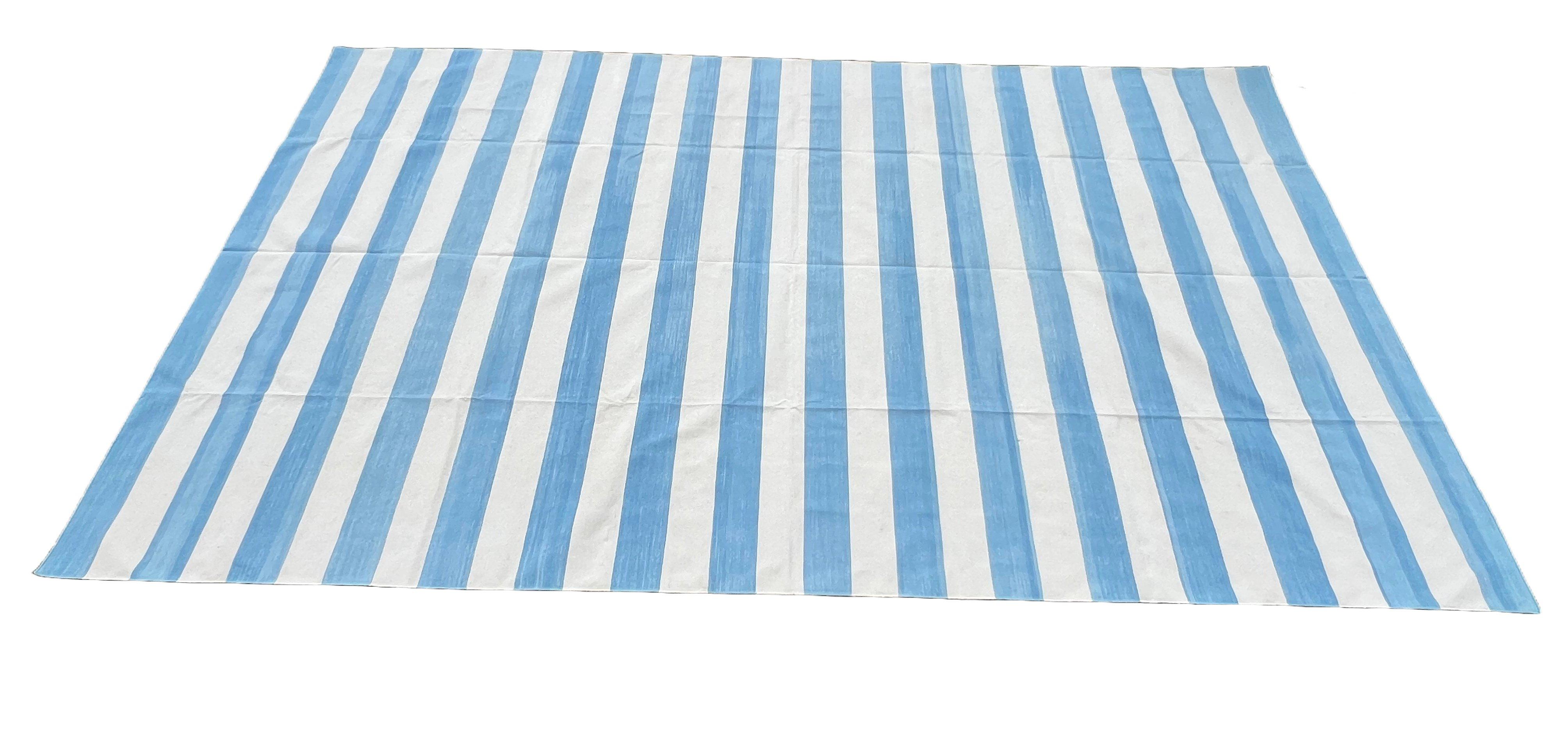 Cotton Natural Vegetable Dyed, Sky Blue And White Striped Indian Dhurrie Area Rug, Size - 9'x12' (270x360cm) (Finished Edges / Without Fringes) 
(Stripe Size 6