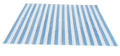 Handmade Cotton Area Flat Weave Rug, 9x12 Blue And White Striped Indian Dhurrie