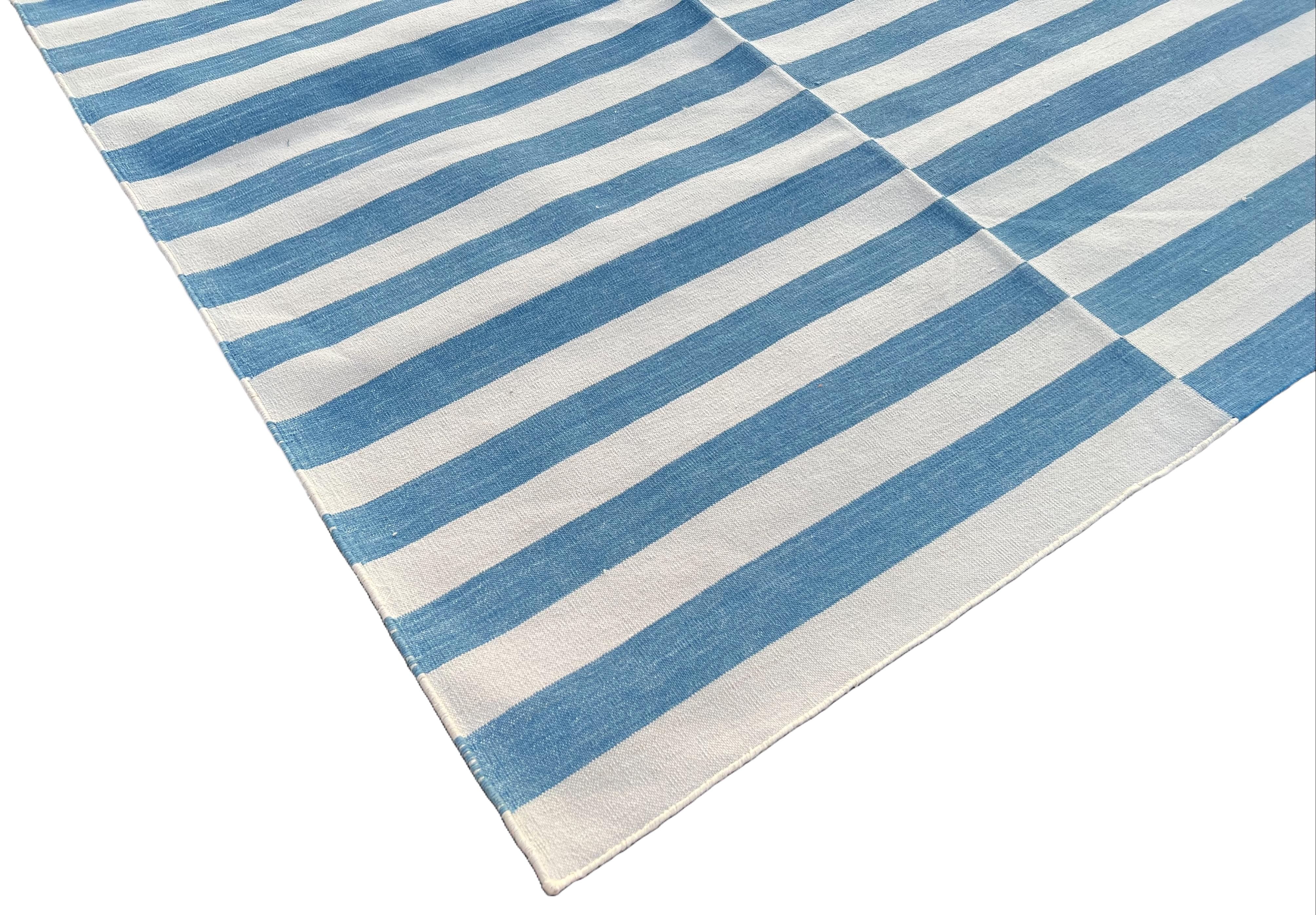 Mid-Century Modern Handmade Cotton Area Flat Weave Rug, 9x12 Blue And White Striped Indian Dhurrie For Sale