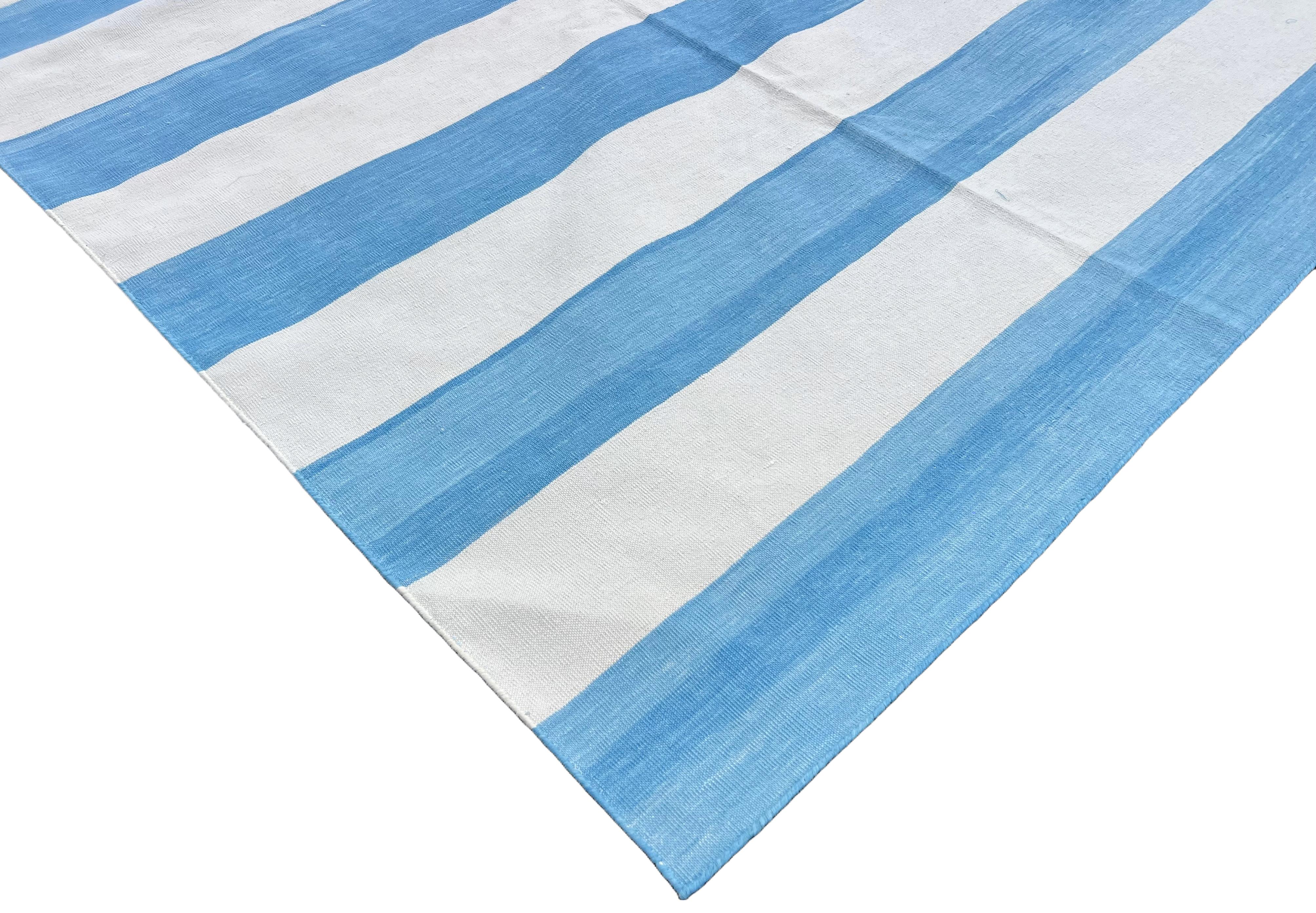 Arts and Crafts Handmade Cotton Area Flat Weave Rug, 9x12 Blue And White Striped Indian Dhurrie For Sale