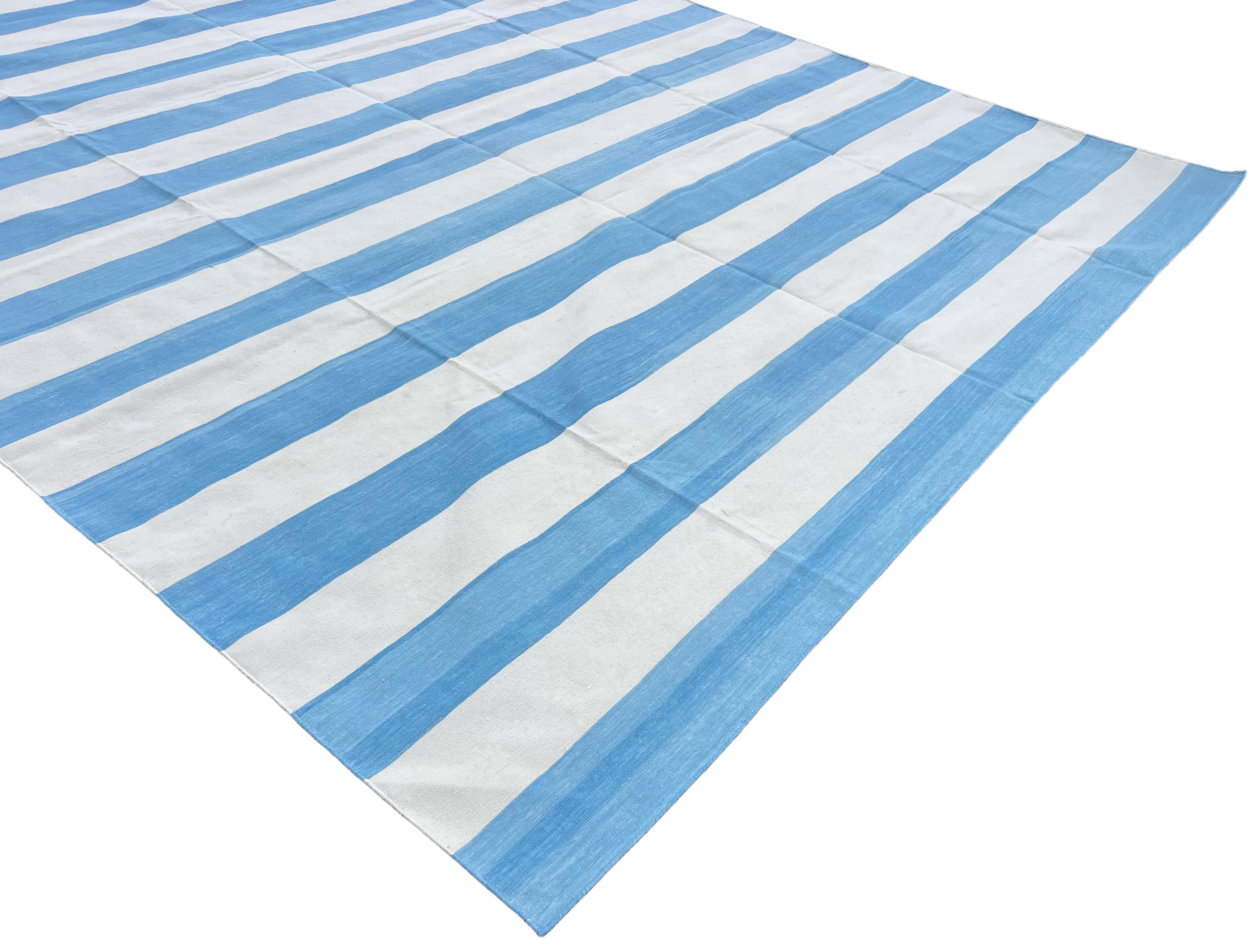Hand-Woven Handmade Cotton Area Flat Weave Rug, 9x12 Blue And White Striped Indian Dhurrie For Sale